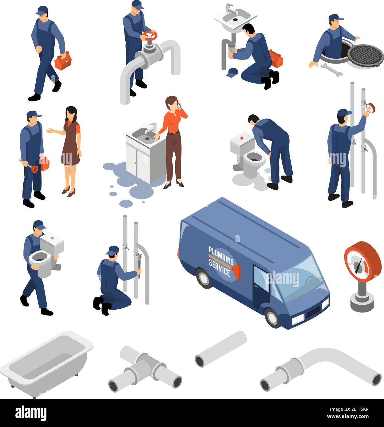 Plomber les icônes isométriques définies avec des symboles d'outils et d'équipements isolés illustration vectorielle Illustration de Vecteur