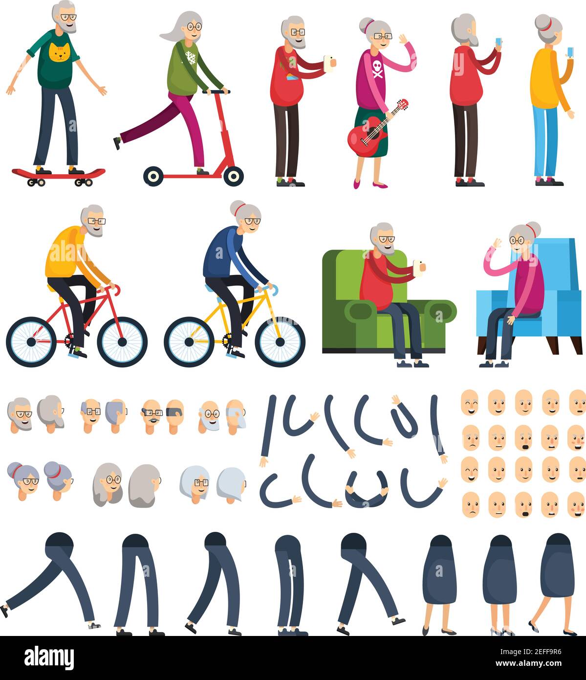 Personnes âgées homme femme activités éléments de construction orthogonaux plats jeu avec tête mains jambes illustration vectorielle isolée Illustration de Vecteur