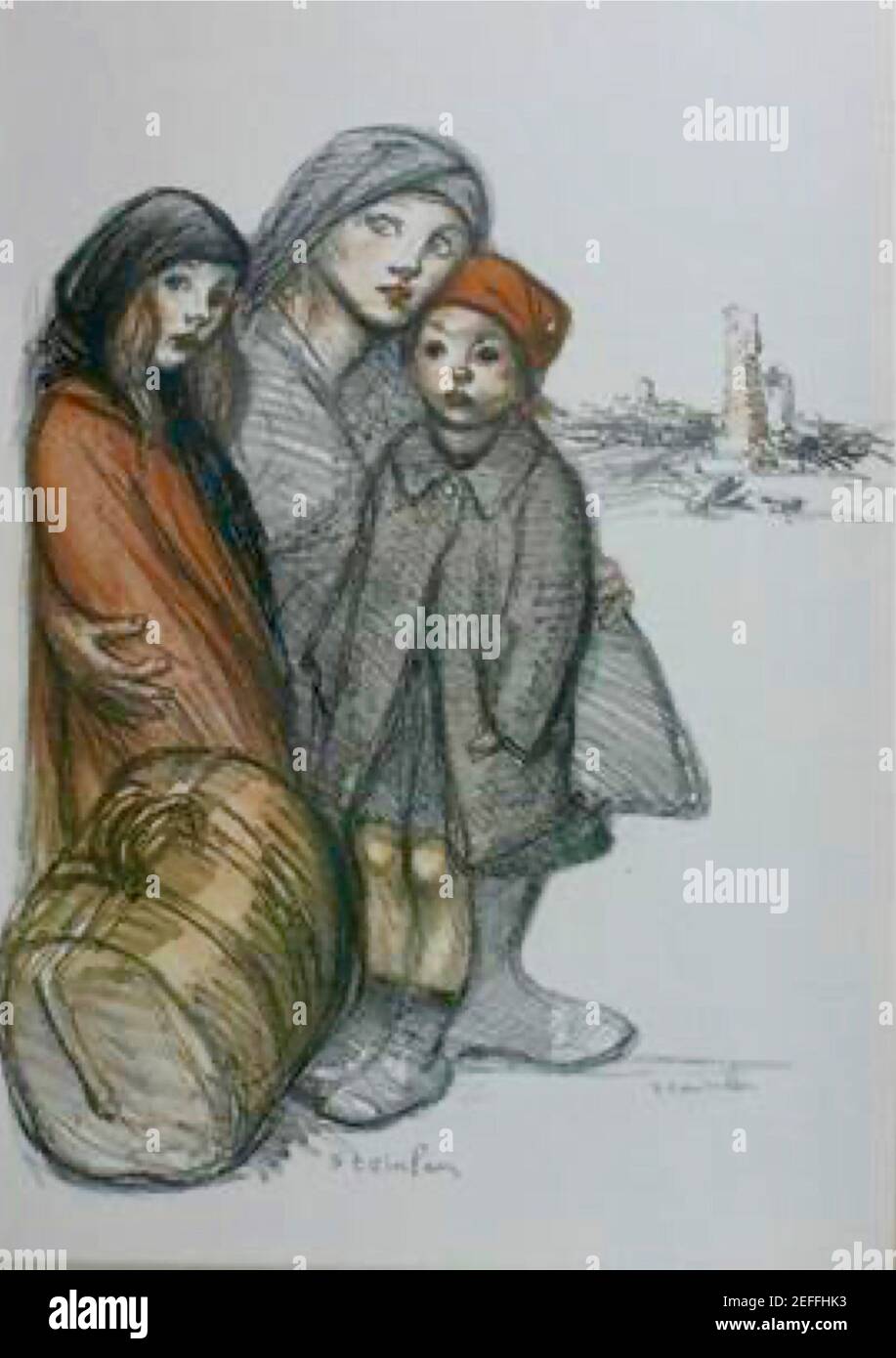 Théophile Steinlen, représentation d'une mère et de ses enfants à la suite du premier conflit de la guerre mondiale dans la région de l'Aisne en France. Banque D'Images