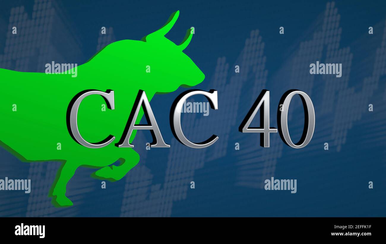 L'indice boursier français CAC 40 est haussier. Le taureau vert et un graphique ascendant avec un fond bleu derrière le titre argenté symbolisent... Banque D'Images