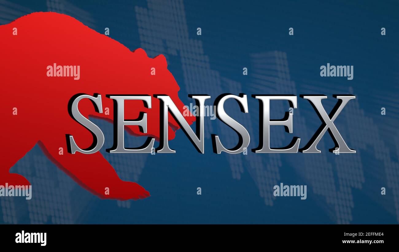 L'indice boursier BSE SENSEX de la Bourse de Bombay est baissier. L'ours rouge et une carte descendante avec un fond bleu derrière l'argent... Banque D'Images