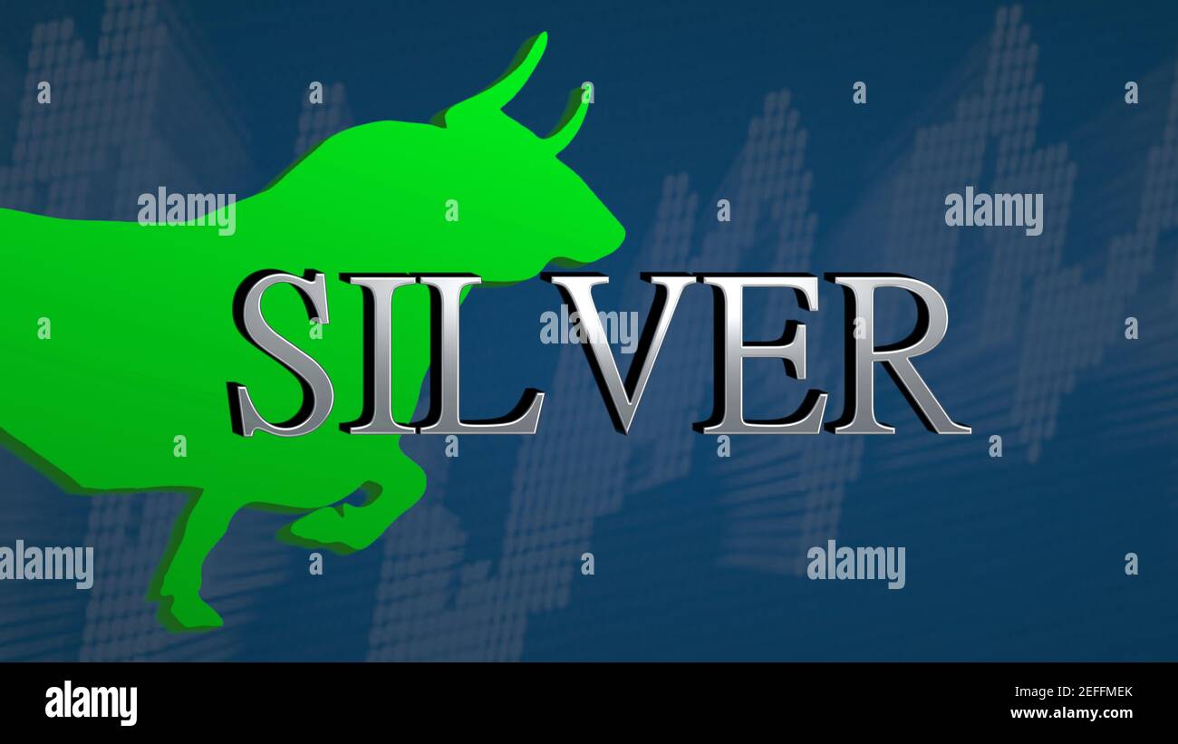 Le prix de l’argent de base est haussier. Le taureau vert et un graphique ascendant avec un fond bleu derrière le titre argenté symbolisent... Banque D'Images