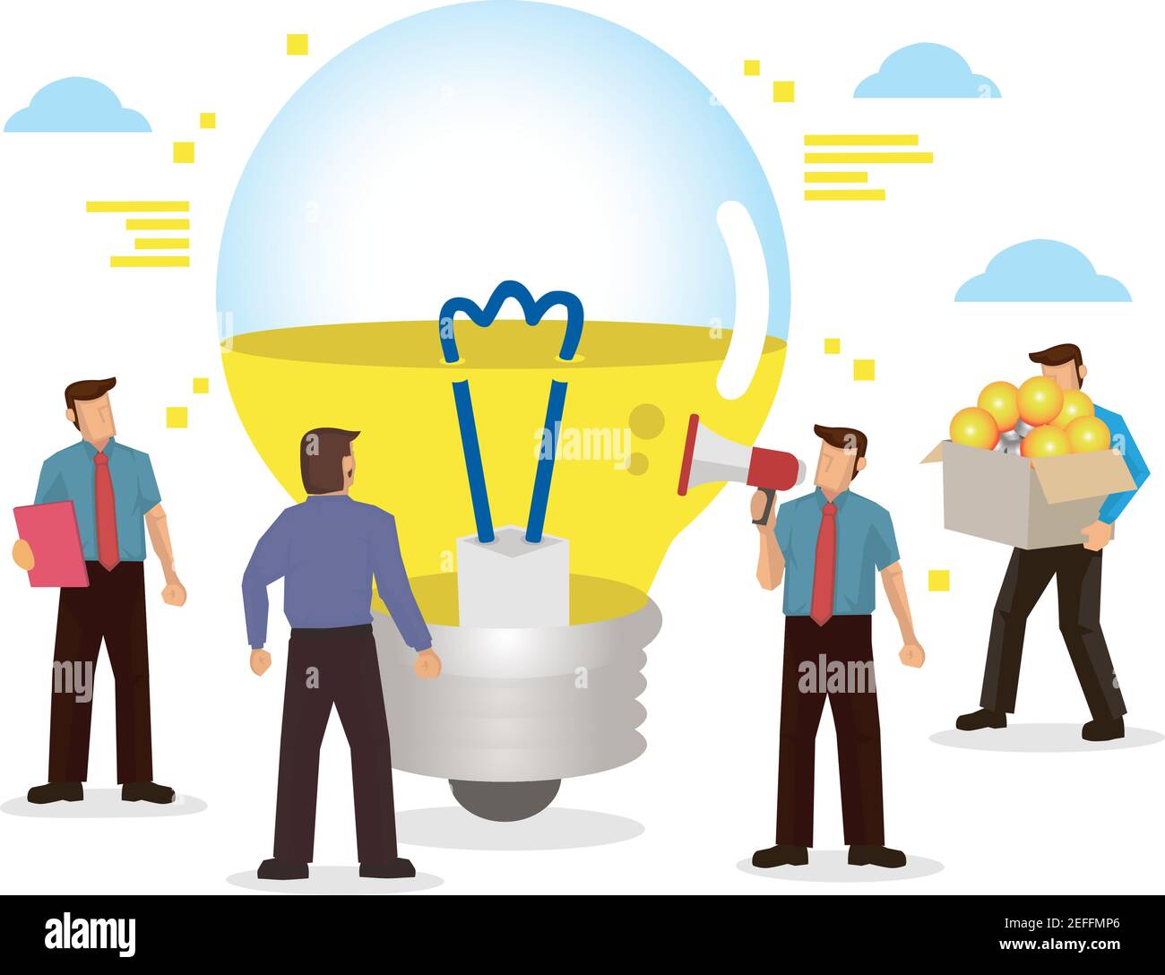 Hommes d'affaires avec une ampoule créative, à la recherche d'une nouvelle solution d'entreprise. Concept de travail d'équipe, d'innovation ou de créativité. Personnage de dessin animé plat isolé o Illustration de Vecteur