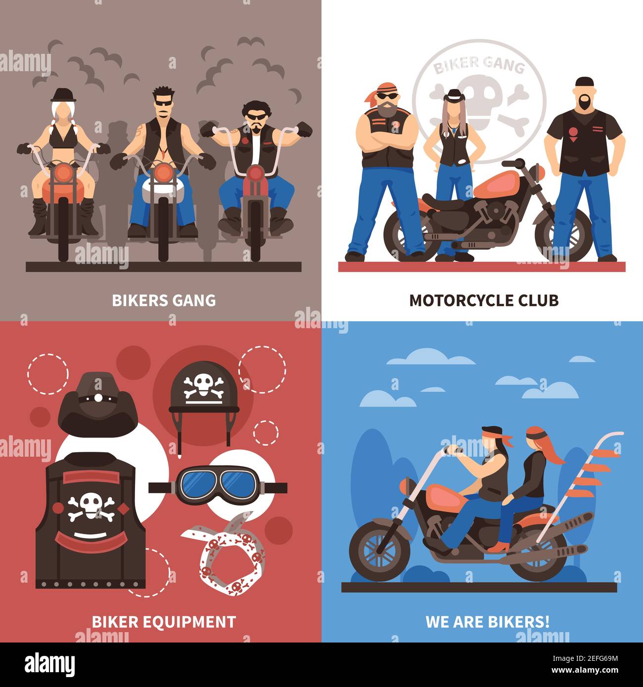 Icônes de concept de motards avec symboles de gang de motards isolés à plat illustration vectorielle Illustration de Vecteur