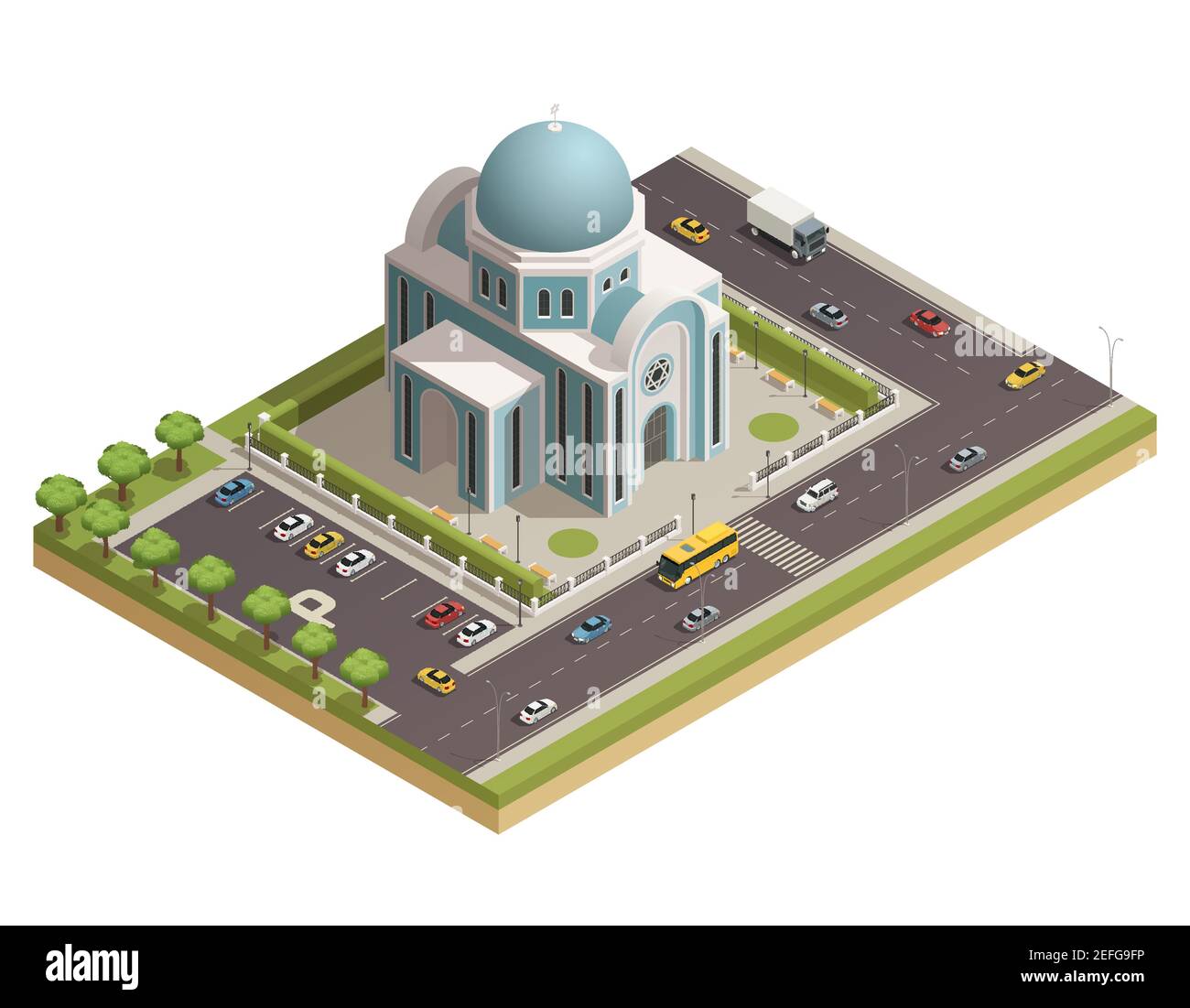Culte religieux classique et rituels spirituels bâtiment de temple avec parking illustration vectorielle isométrique de l'aire de stationnement entourée de routes très fréquentées Illustration de Vecteur