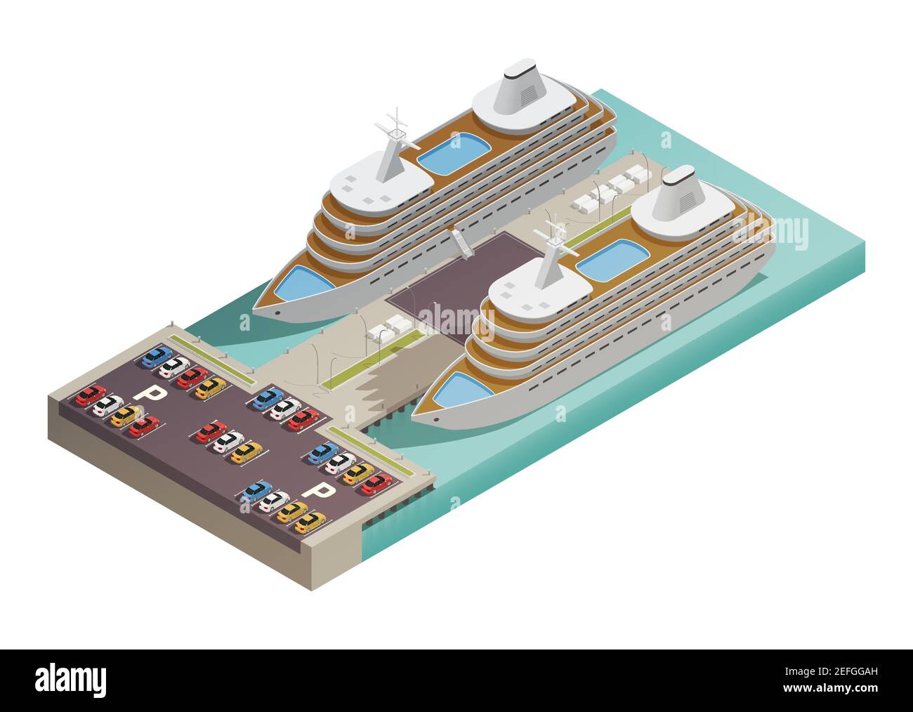 Deux grands bateaux de croisière modernes dans le port avec parking illustration vectorielle de l'affiche de composition isométrique au bord de l'eau Illustration de Vecteur