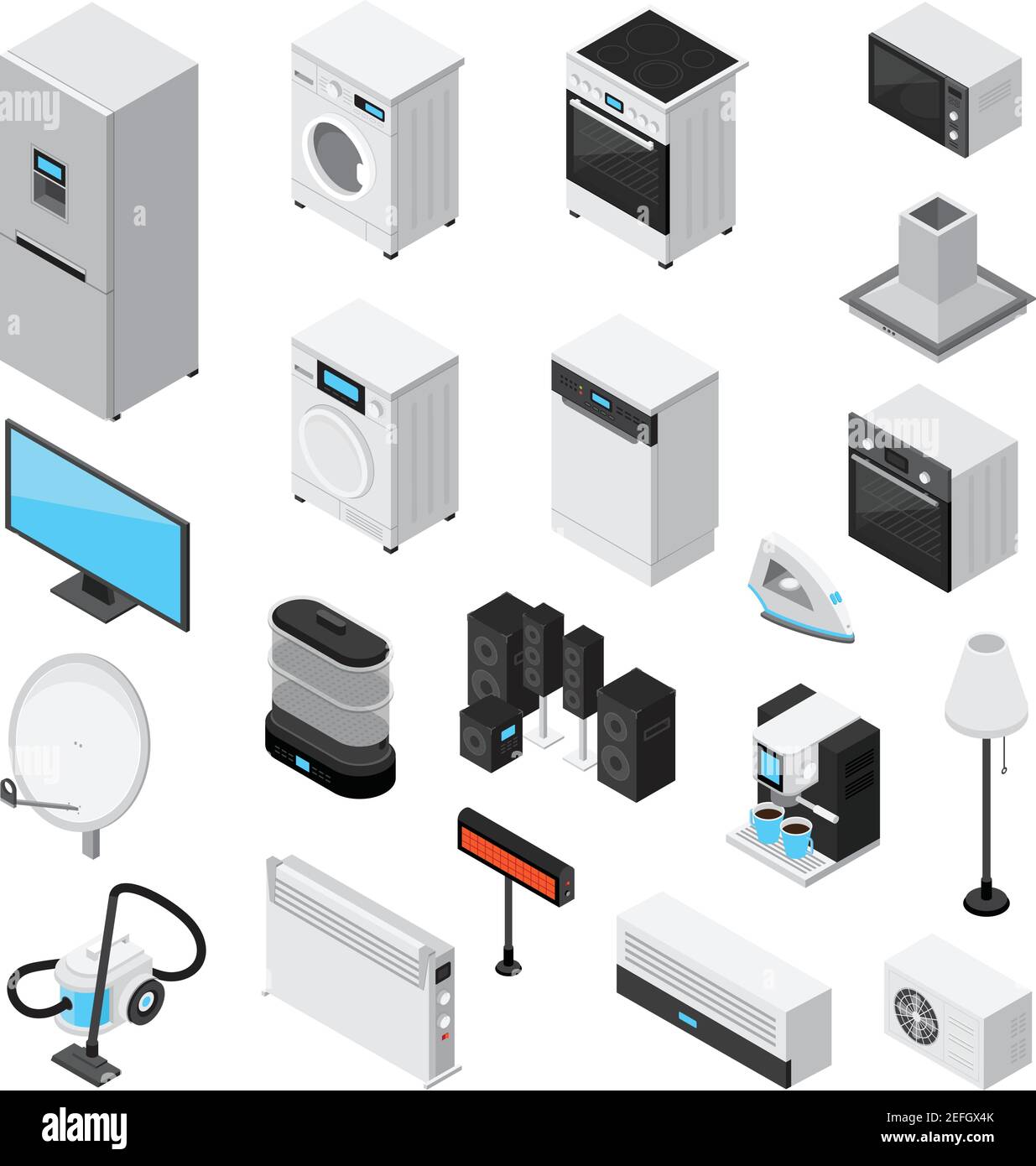 Appareils ménagers ensemble isométrique avec fer à repasser, télévision, four à micro-ondes, réfrigérateur et cuisinière mélangeur mélangeur machine à café climatisation chauffage hotte d'aspiration isolée Illustration de Vecteur