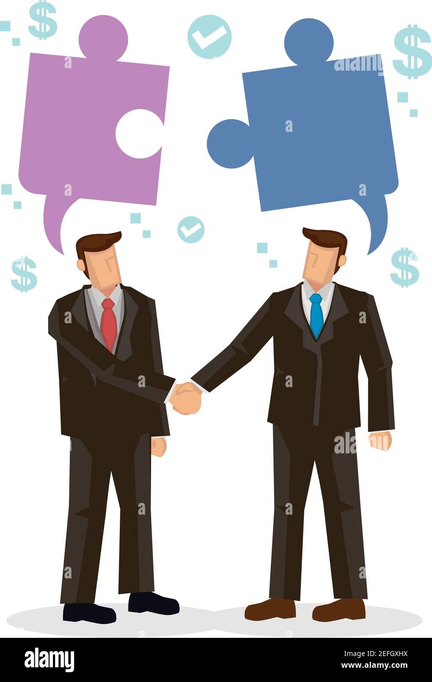 Les gens d'affaires se secouent la main, reliant puzzle dans leur esprit. Concept d'entreprise, travail d'équipe, coopération, partenariat. Personnage de dessin animé plat Illustration de Vecteur