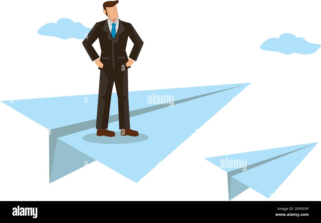 Homme d'affaires sur un avion de papier volant. Concept de vision, de but, de défi ou de leadership de l'entreprise. Illustration vectorielle plate. Illustration de Vecteur