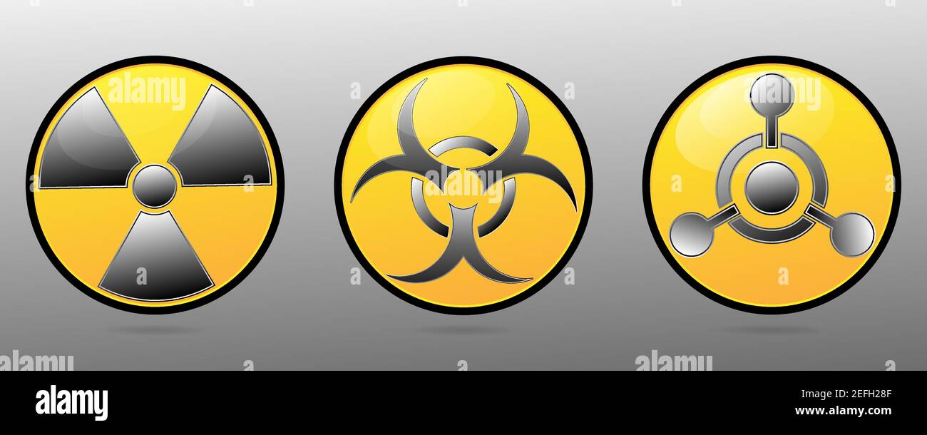 Ensemble de signes circulaires d'avertissement. Signe de rayonnement ionisant, poison, signe toxique et danger biologique. Icônes vectorielles isolées sur l'arrière-plan dégradé Illustration de Vecteur