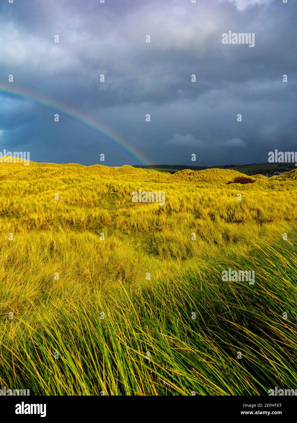 Dunes de sable derrière la plage de Morfa Dyffryn entre Barmouth et Harlech à Gwynedd, sur la côte nord-ouest du pays de Galles, avec ciel orageux et arc-en-ciel au-dessus. Banque D'Images
