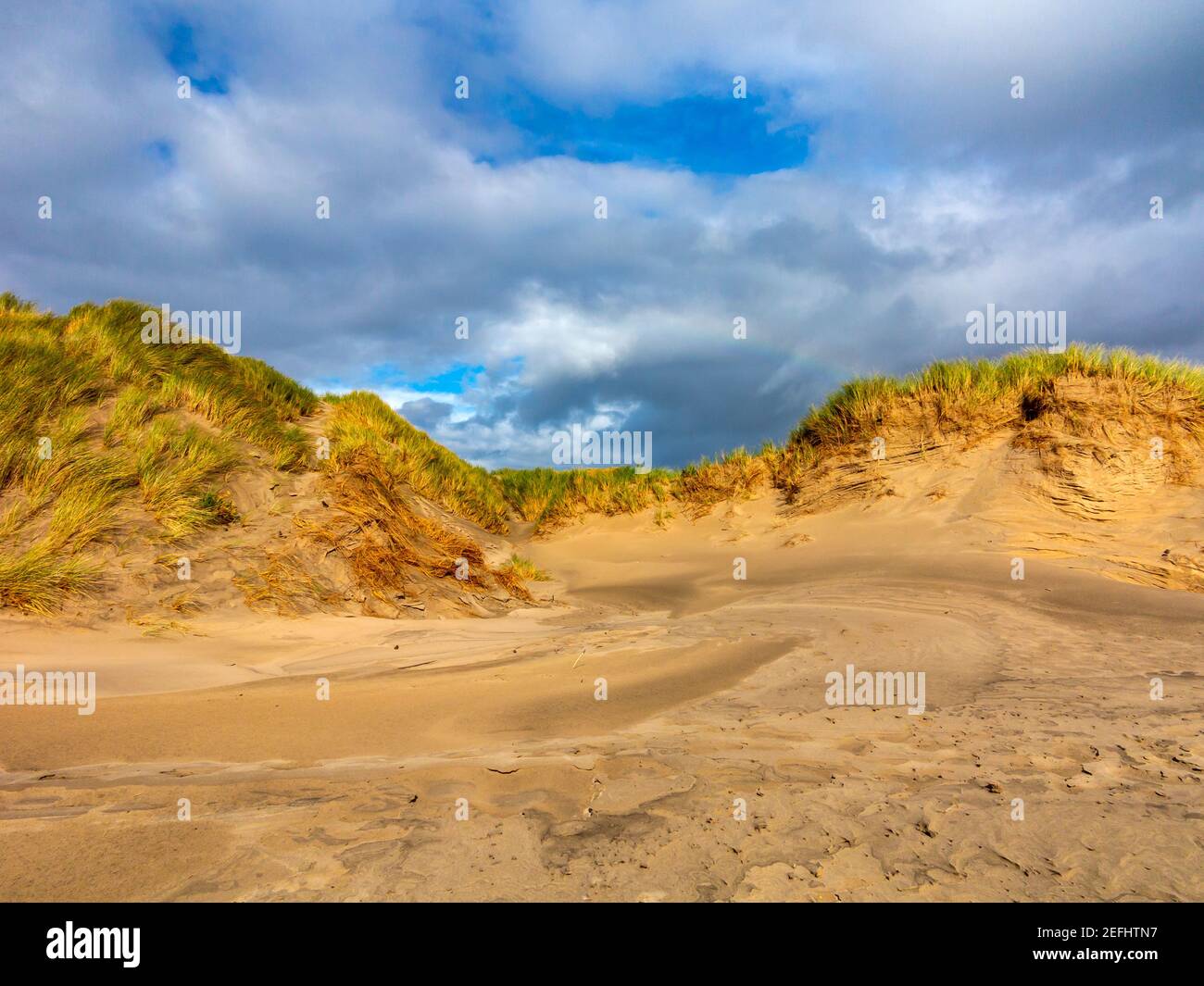 Dunes de sable sur la plage de Morfa Dyffryn entre Barmouth et Harlech à Gwynedd sur la côte nord-ouest du pays de Galles avec ciel bleu et nuages au-dessus. Banque D'Images