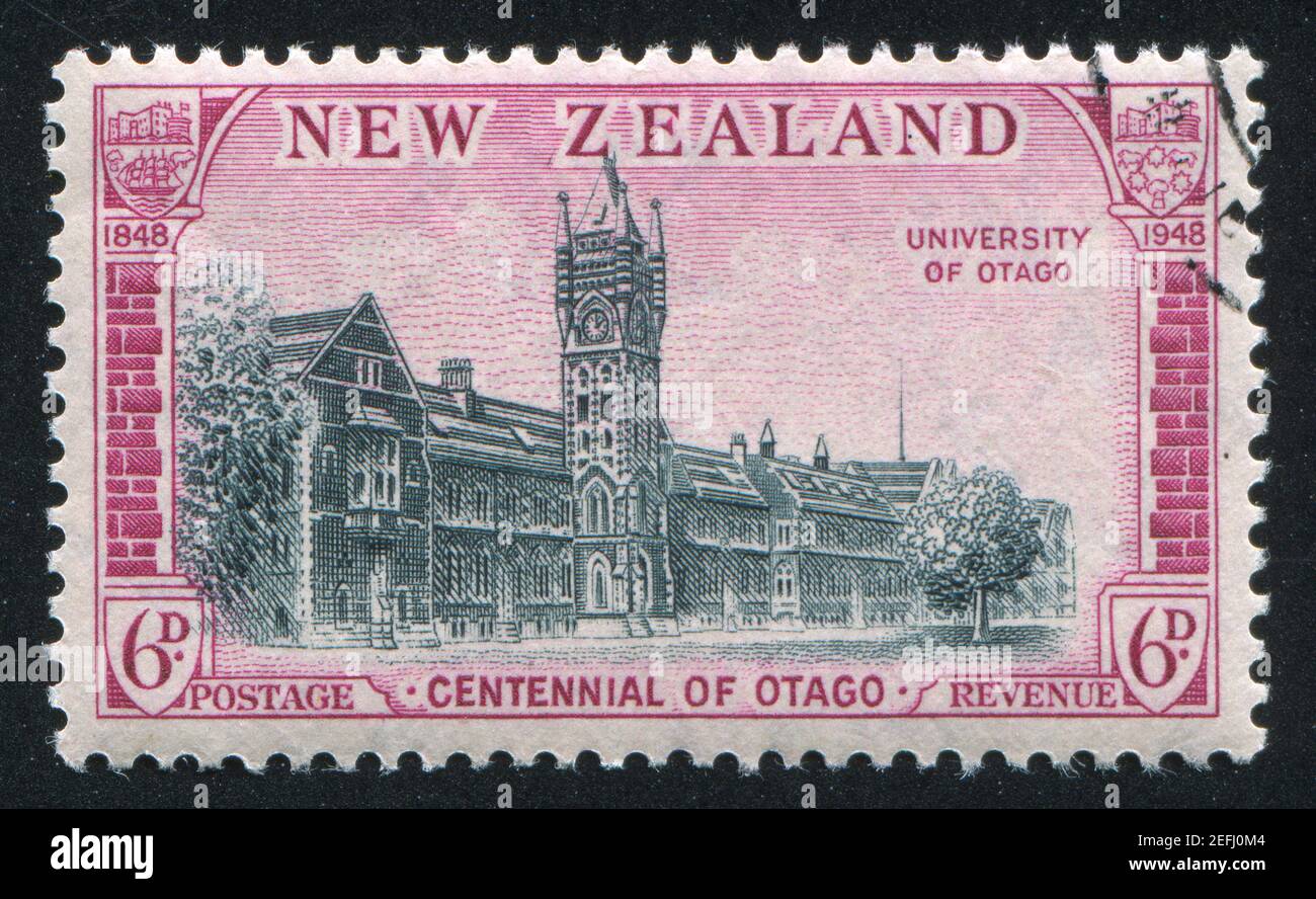 NOUVELLE-ZÉLANDE - VERS 1948: Timbre imprimé par la Nouvelle-Zélande, montre l'Université d'Otago, vers 1948 Banque D'Images