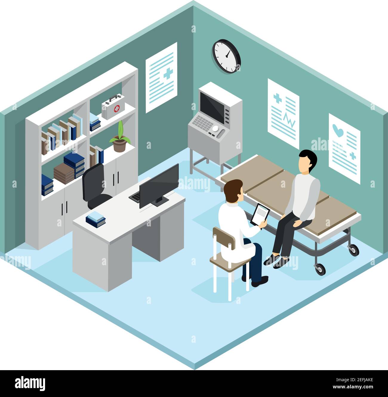 Patient dans le bureau de médecins avec équipement de diagnostic moderne à la réception illustration du vecteur de concept isométrique du cardiologue Illustration de Vecteur