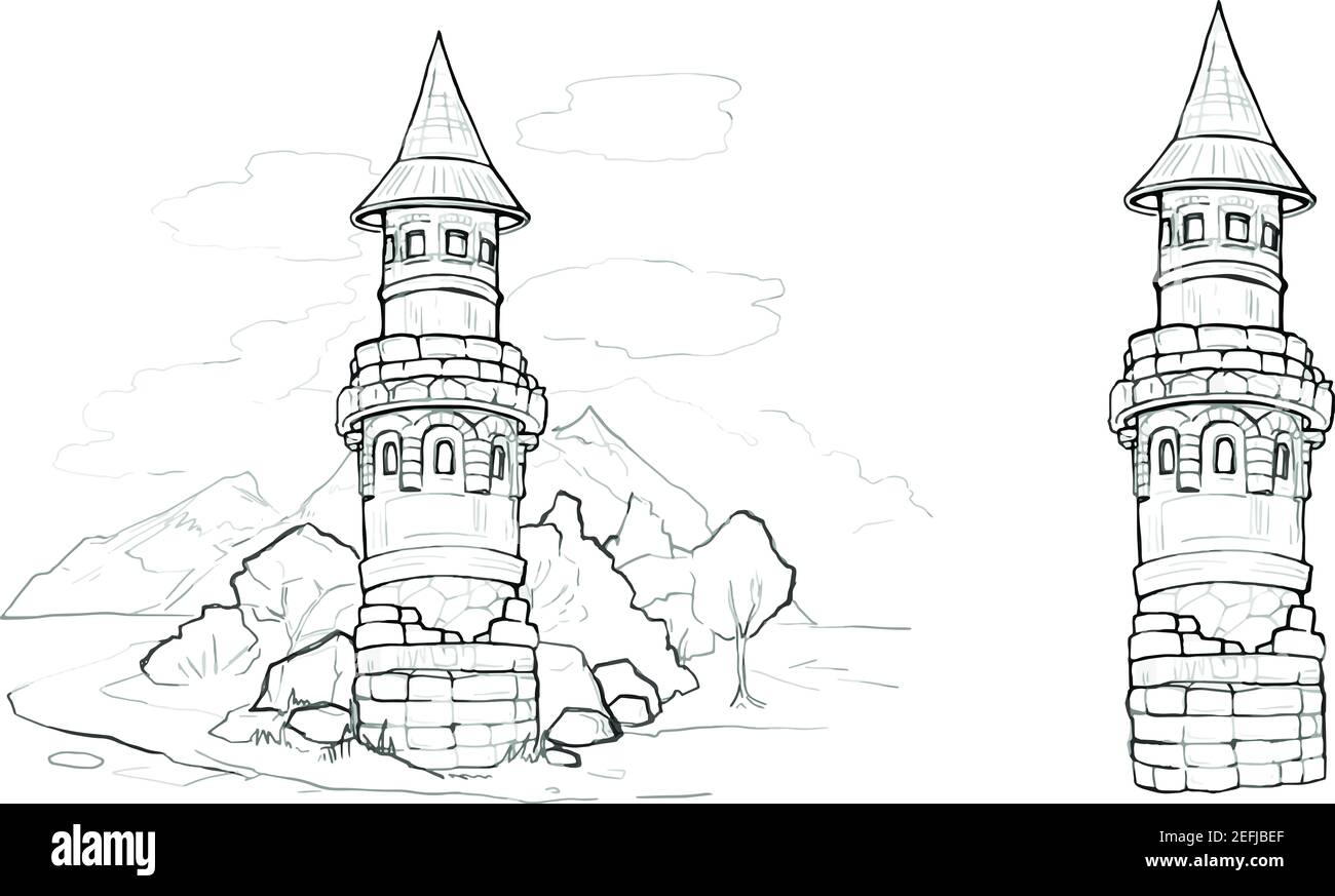 Fairy Tale Castle Outline illustrations dessinées tour noire linéaire dessin à main levée clipart pour la coloration. Dessin animé ancien bâtiment en briques hautes, pour enfants Banque D'Images