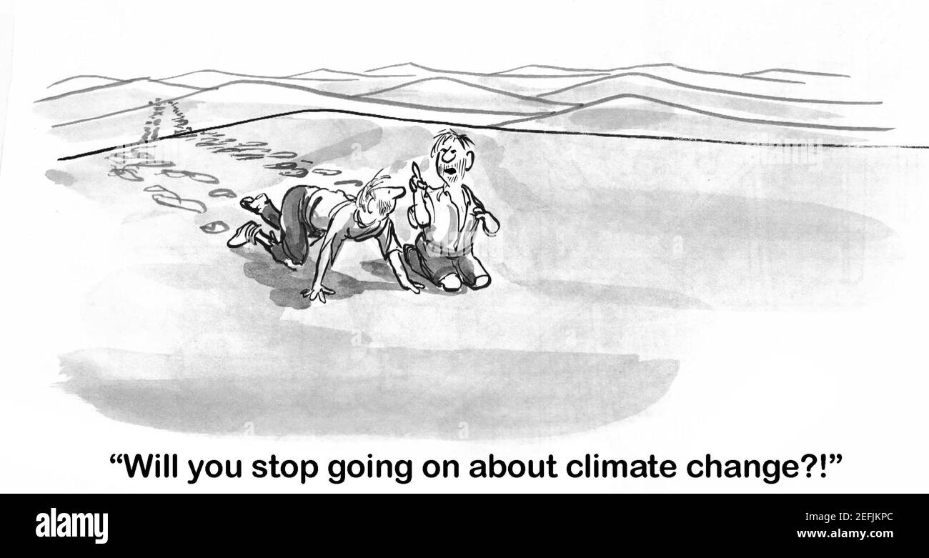 Les hommes qui rampent dans le désert sont malades des discussions sur le changement climatique. Banque D'Images