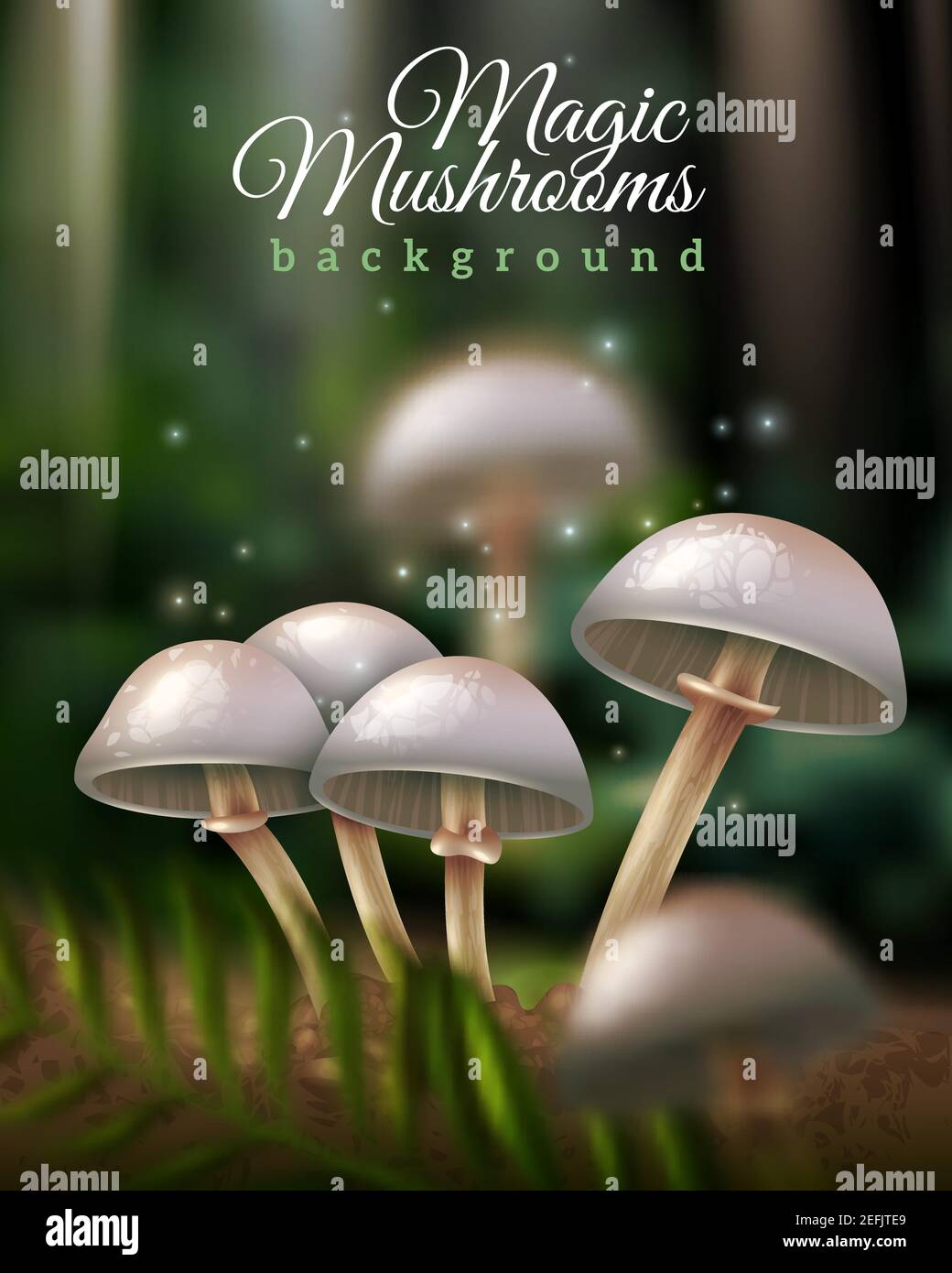 Champignons magiques brillants poussant dans la forêt et la feuille verte sur une illustration vectorielle sombre et floue Illustration de Vecteur