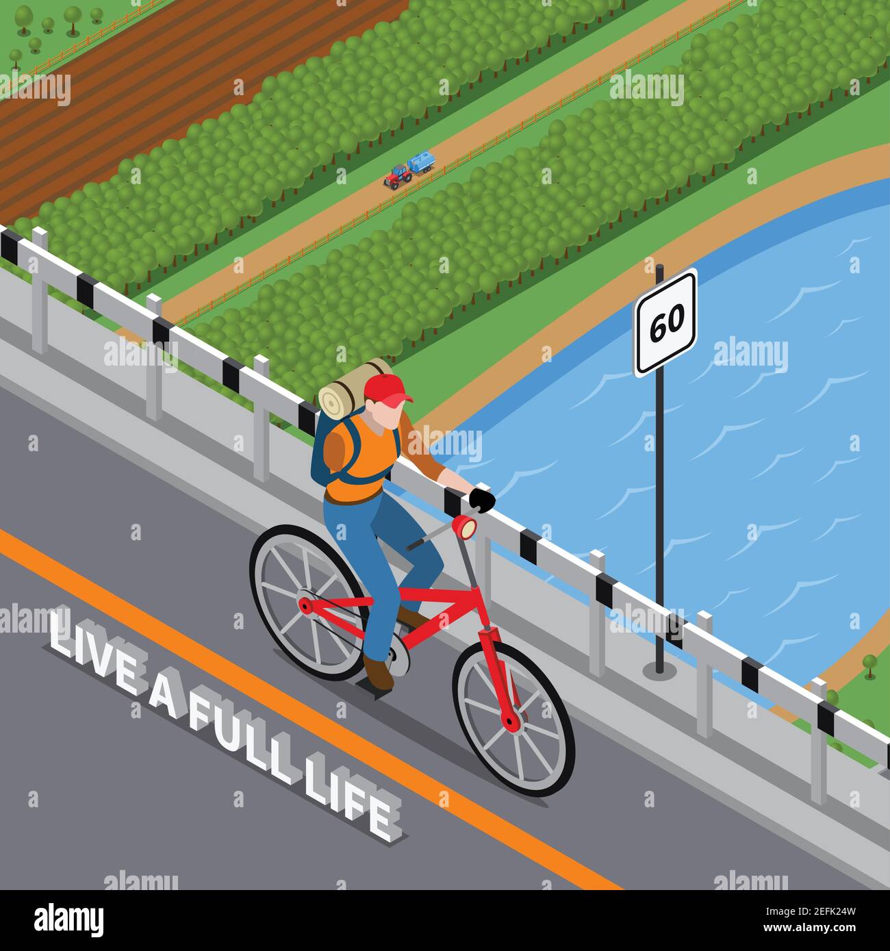 Personne handicapée avec un bras et un sac à dos blessés sur le vélo illustration vectorielle isométrique sur pont traversant la rivière Illustration de Vecteur