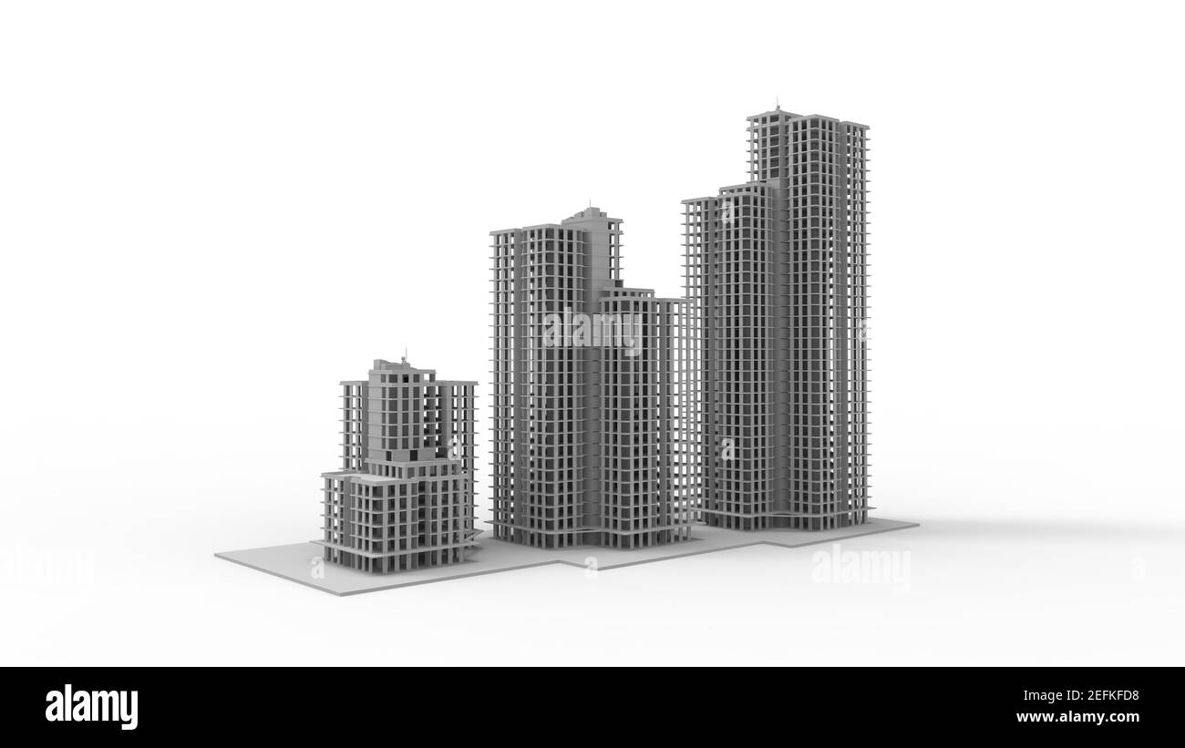 Rendu 3D de 3 bâtiments hauts isolés sur arrière-plan blanc Banque D'Images