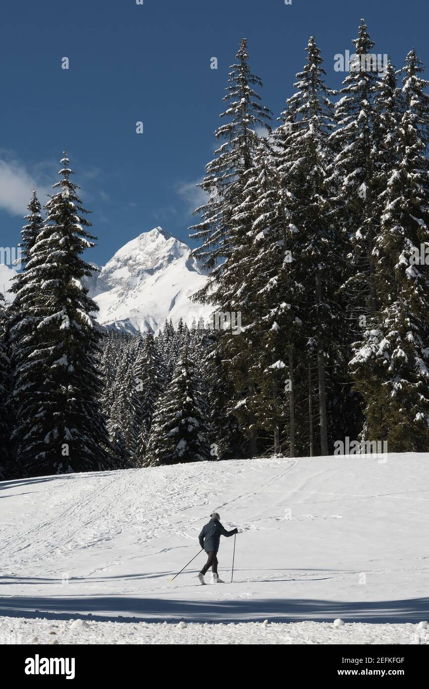 Paysage hivernal ensoleillé avec skieur de fond en premier plan et pic alpin en arrière-plan. Sports d'hiver, ski, saison et météo. Banque D'Images