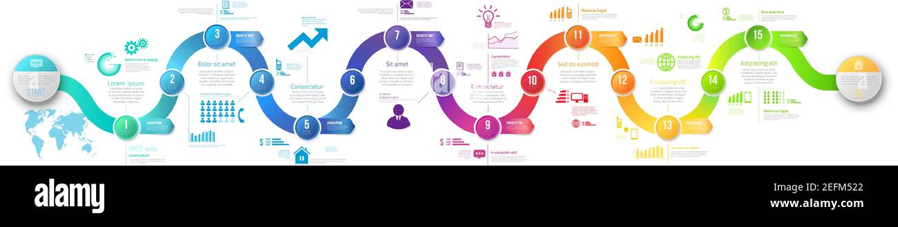 Style infographie flèches colorées de la chronologie ou options de menu 15, vecteur sur fond blanc Illustration de Vecteur