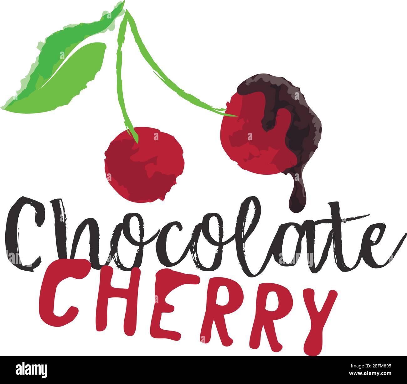 Baies de cerise avec étiquette et autocollant de fruits au chocolat. Illustration vectorielle de style aquarelle, pour le graphisme et la conception Web Illustration de Vecteur