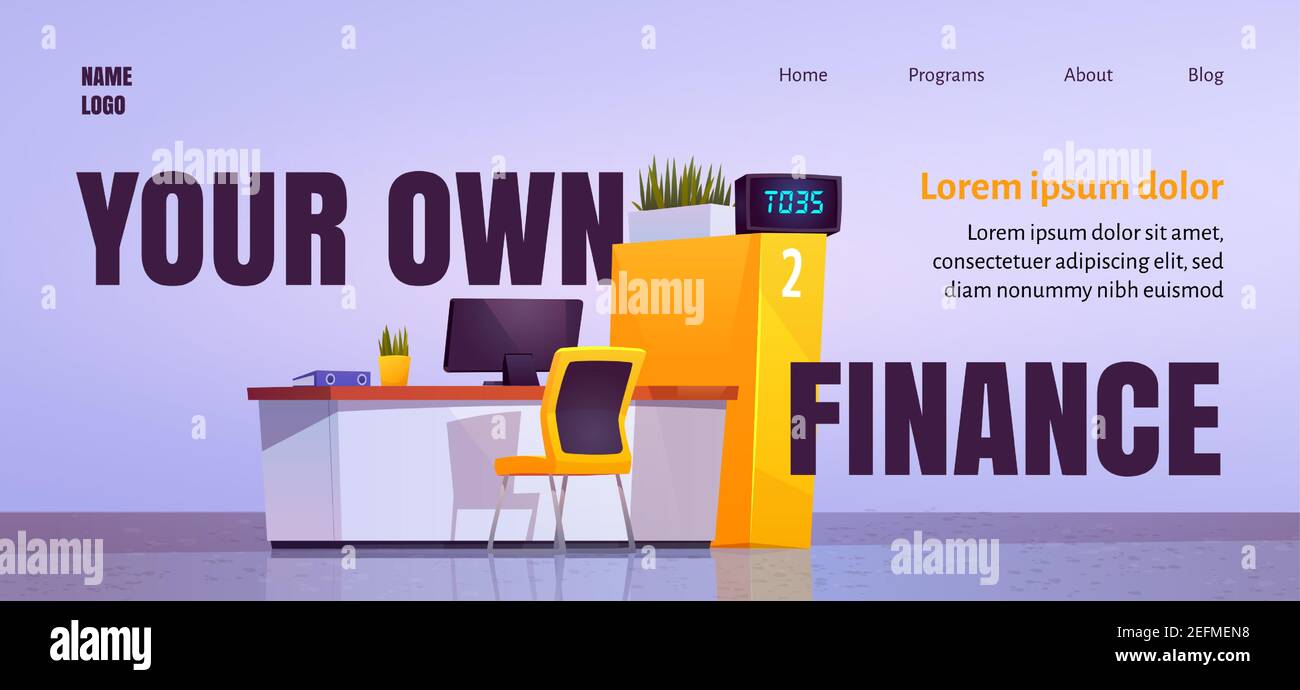 Votre propre page d'accueil de dessin animé financier avec bureau de banque dans le hall, espace de travail avec ordinateur sur table et chaise pour le client. Assistance de service bancaire, transaction d'argent, bannière web vectorielle Illustration de Vecteur Votre propre page d'accueil de dessin animé financier avec bureau de banque dans le hall, espace de travail avec ordinateur sur table et chaise pour le client. Assistance de service bancaire, transaction d'argent, bannière web vectorielle Illustration de Vecteur