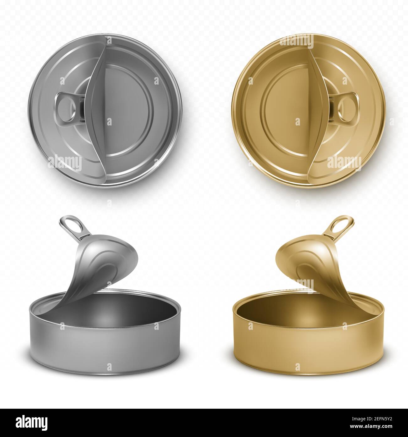 Ouvrez des boîtes de conserve, des poissons ou des aliments pour animaux avec vue de dessus et de face de l'anneau de tirage. Bocaux ronds en conserve gris et jaune vides à clé ouverte, canisters de conservation en aluminium isolés, ensemble d'icônes vectorielles 3d réalistes Illustration de Vecteur