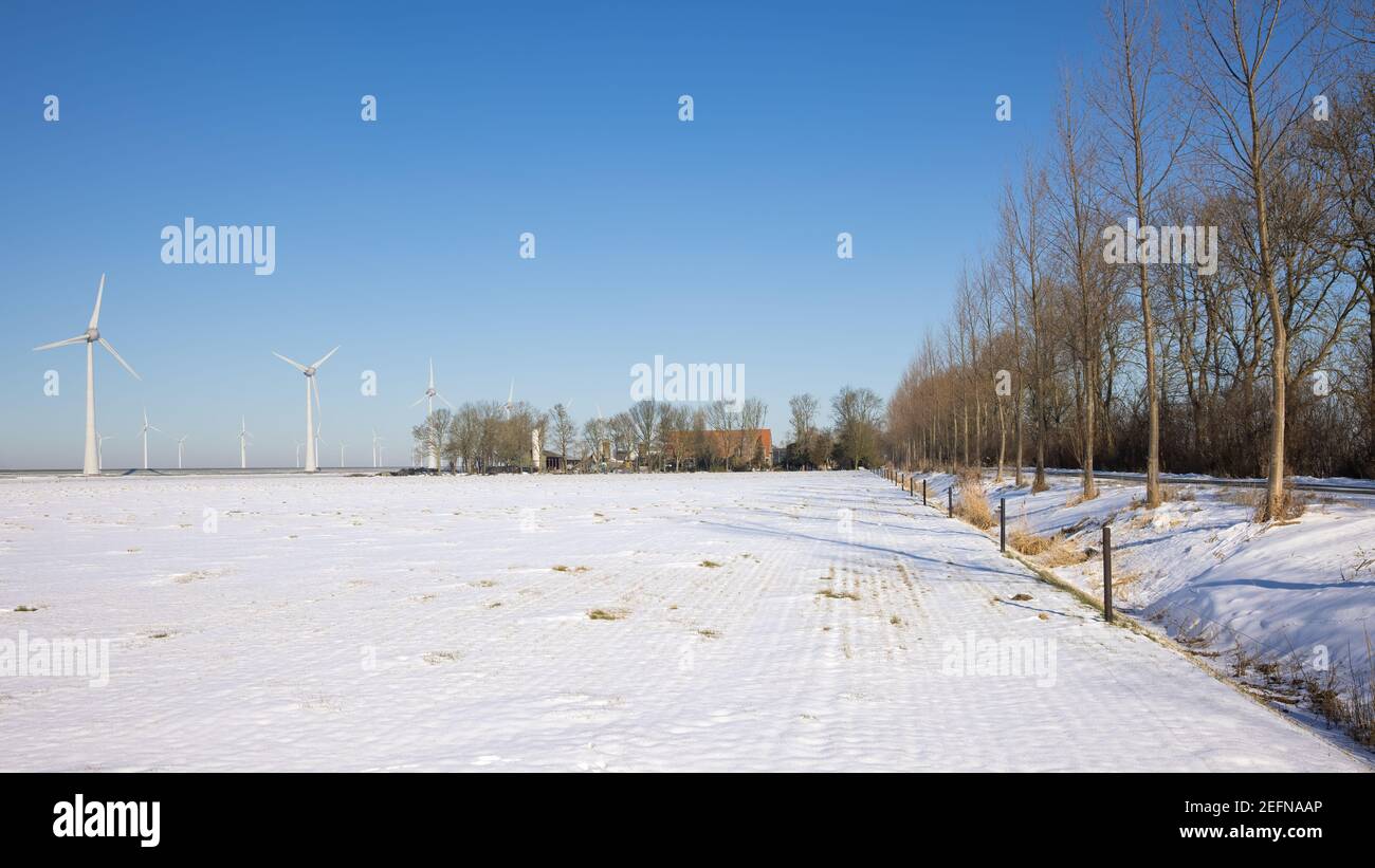 Terres agricoles hollandaises couvertes de neige avec ferme et éoliennes Banque D'Images