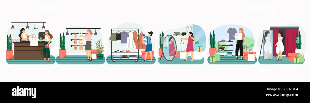 Les femmes magasinent et achètent des vêtements dans une boutique de vêtements ou une boutique de vêtements. Illustration vectorielle du concept de robe mode. Les femmes qui essaient de s'habiller Illustration de Vecteur