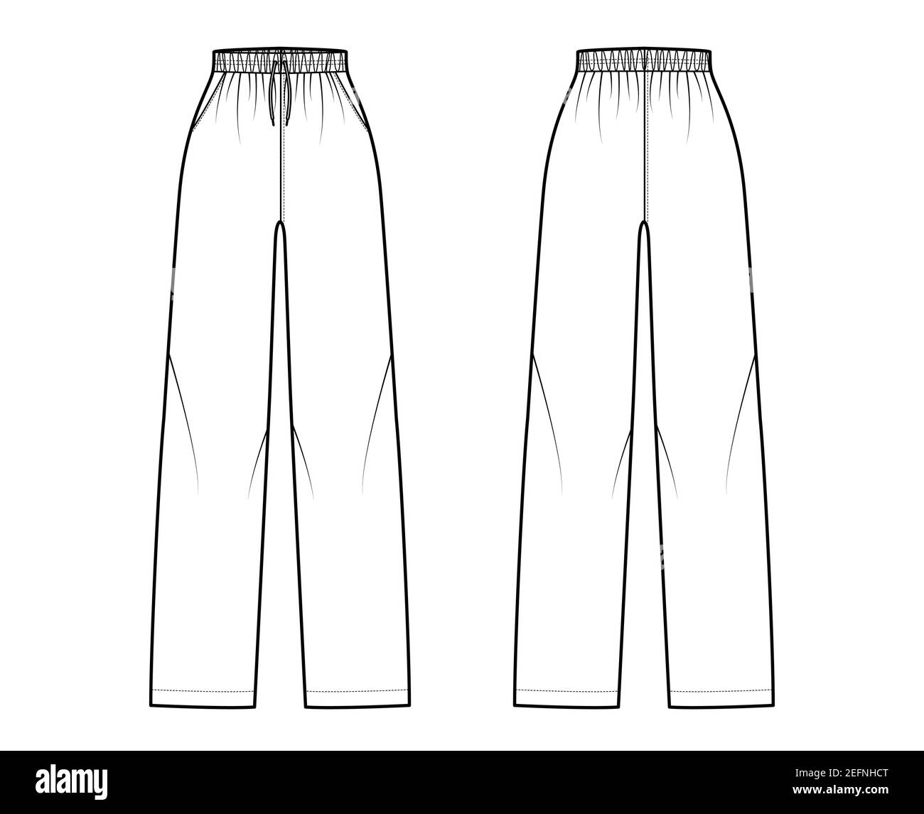 Pantalon de pyjama illustration technique de la mode avec taille élastique normale, taille haute, longueur, cordes de traction, poches. Pantalon sans pinces modèle de vêtement avant dans le dos, couleur blanche. Femmes hommes unisexe CAD maquette Illustration de Vecteur