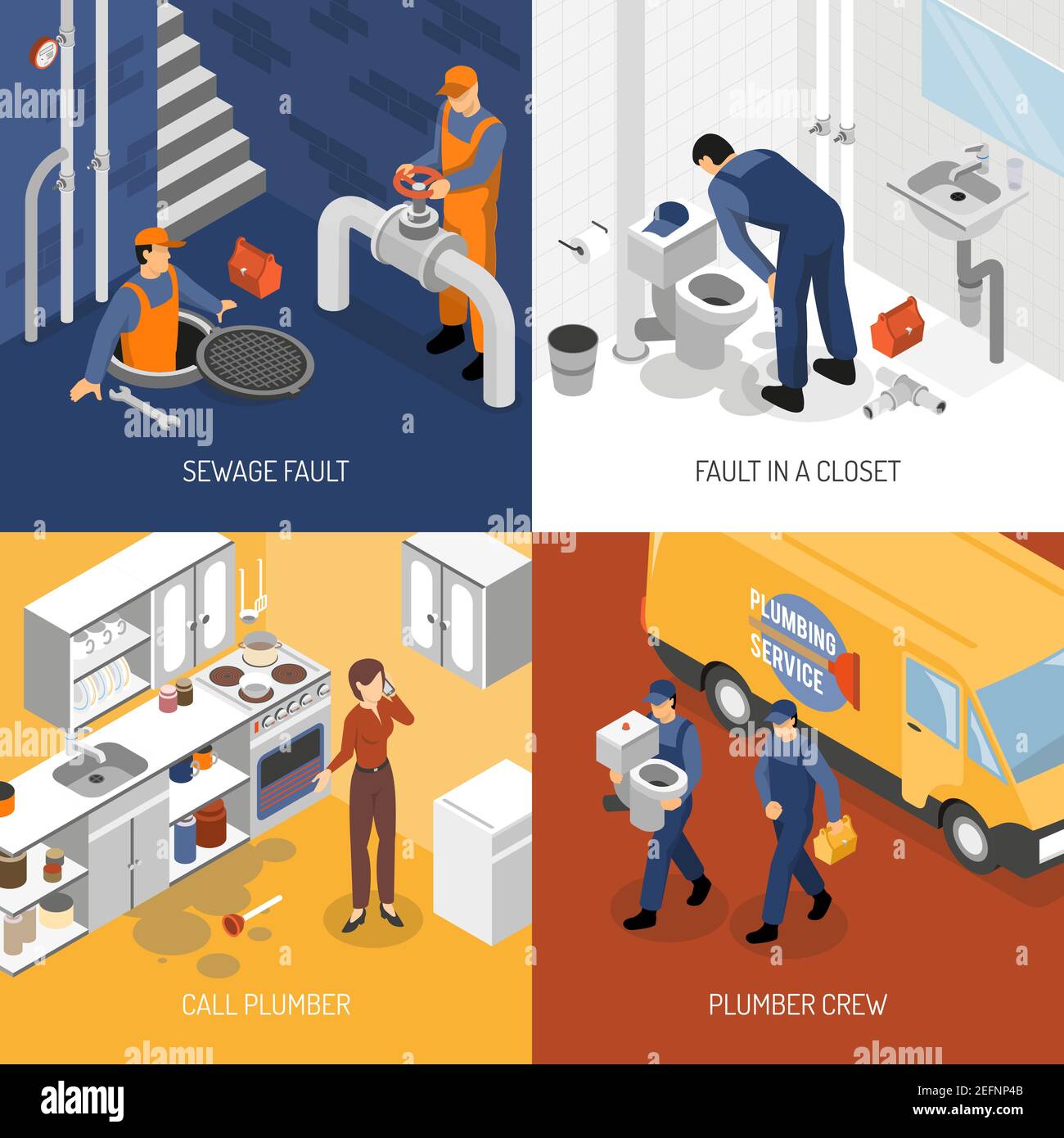 Plombier concept de conception isométrique avec des compositions carrées d'équipage de plomberie illustration vectorielle de la visite du site et du processus de réparation des personnages Illustration de Vecteur