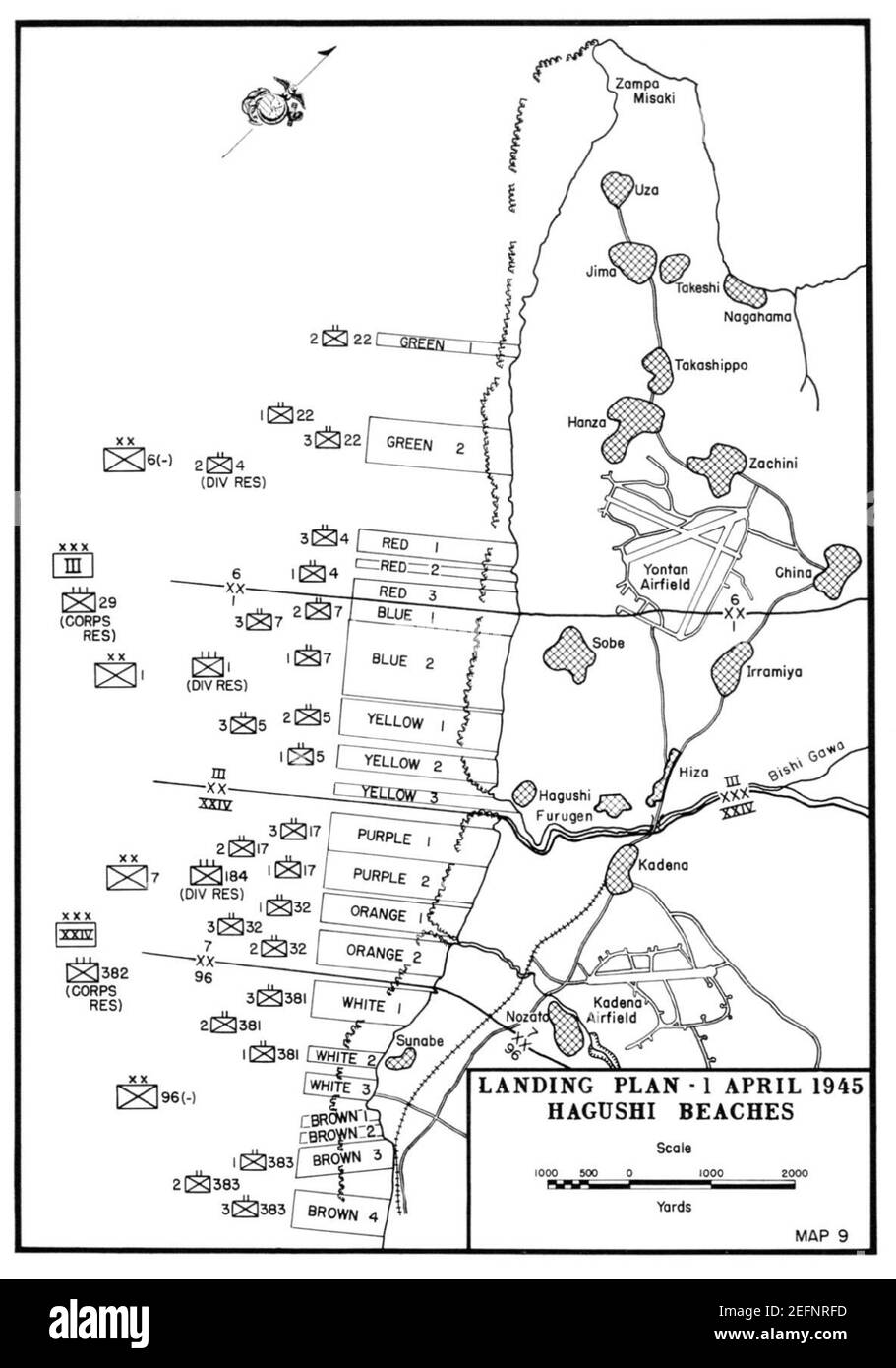 Plages d'invasion d'Okinawa, 1er avril 1945 - carte. Banque D'Images