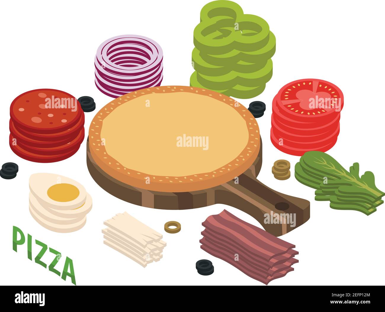 Composition isométrique de pizzas, y compris pâte au sésame sur planche à découper, légumes, œufs, viande, mozzarella, illustration du vecteur arugula Illustration de Vecteur