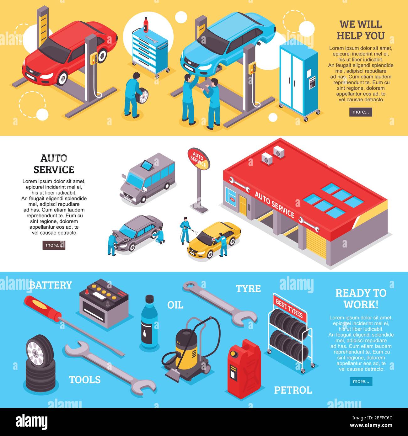 Bannières horizontales pour les employés et les outils du centre de service automobile en 3d illustration vectorielle isolée Illustration de Vecteur