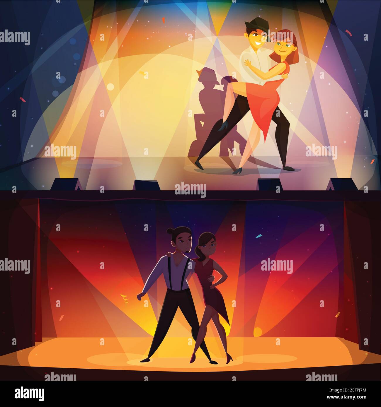 Salsa et tango sur scène 2 bannières de dessin animé rétro avec danse paires de spots nostalgiques poster illustration vectorielle isolée Illustration de Vecteur