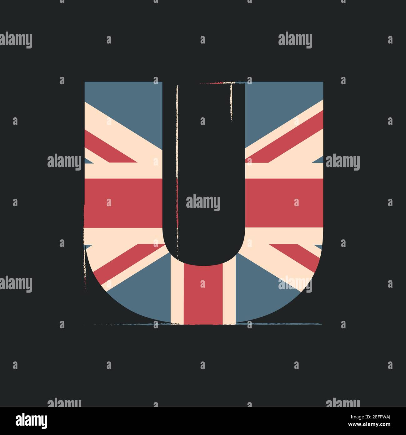 Lettre 3d majuscule U avec texture drapeau britannique isolée sur fond noir. Illustration vectorielle. Élément pour la conception. Alphabet pour enfants. Illustration de Vecteur