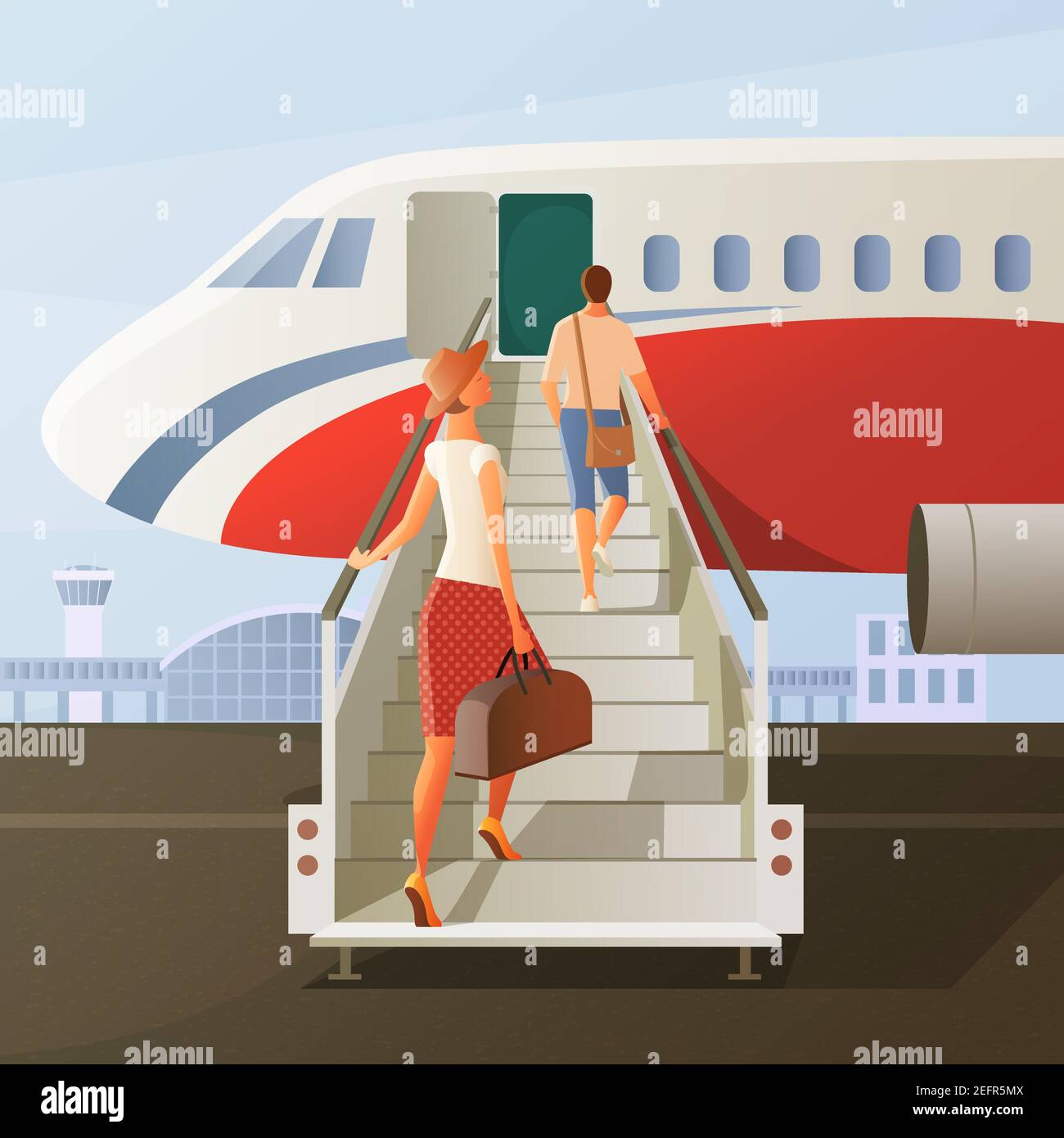 Embarquement en composition d'avion avec homme et femme en chapeau avec bagages à main sur l'illustration du vecteur d'échelle Illustration de Vecteur