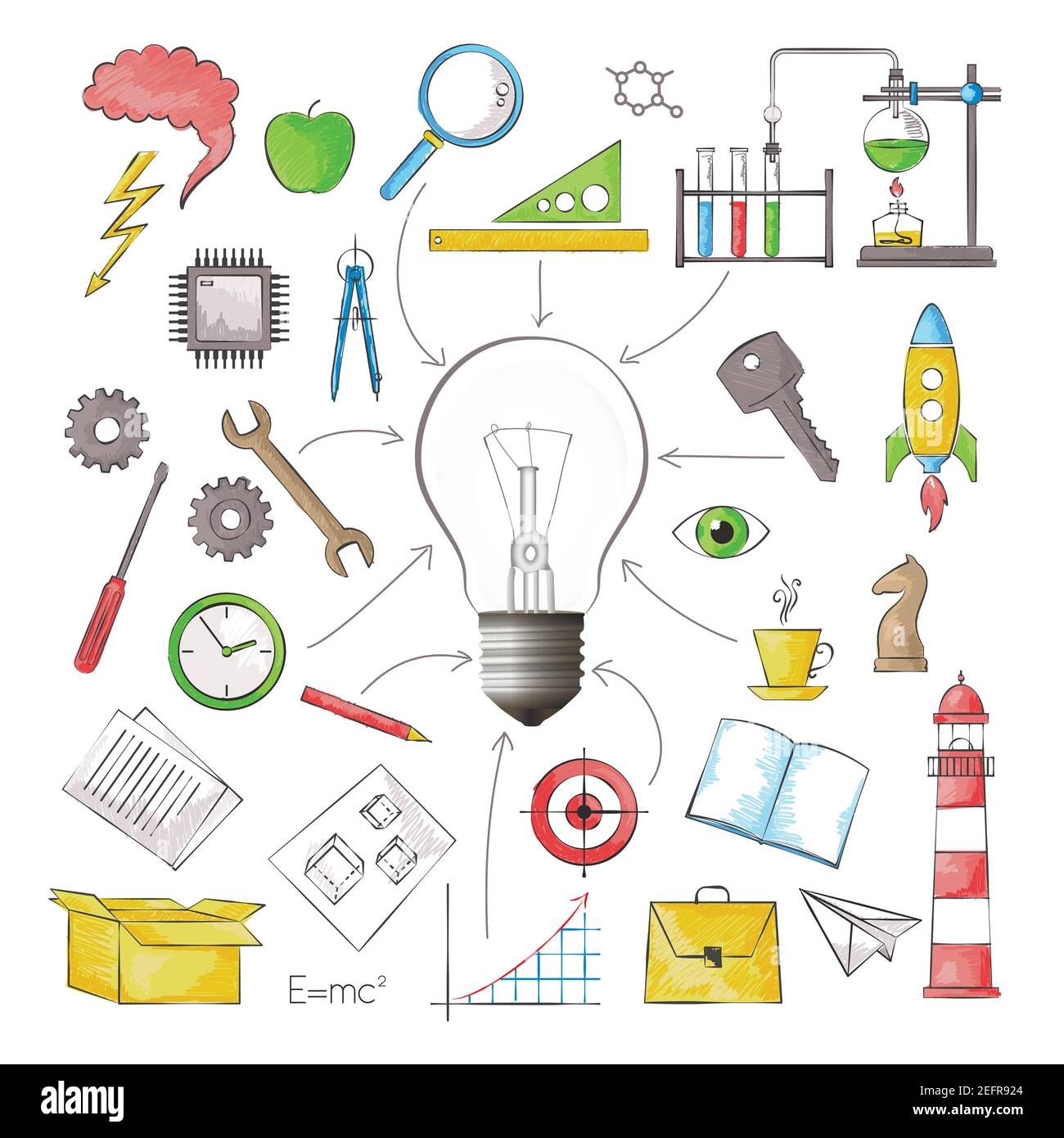 Moderne crayons de couleur style illustration vectorielle, concept de grande idée sous forme de lampe d'ampoule avec différents objets, pour le graphisme et la conception de web Illustration de Vecteur