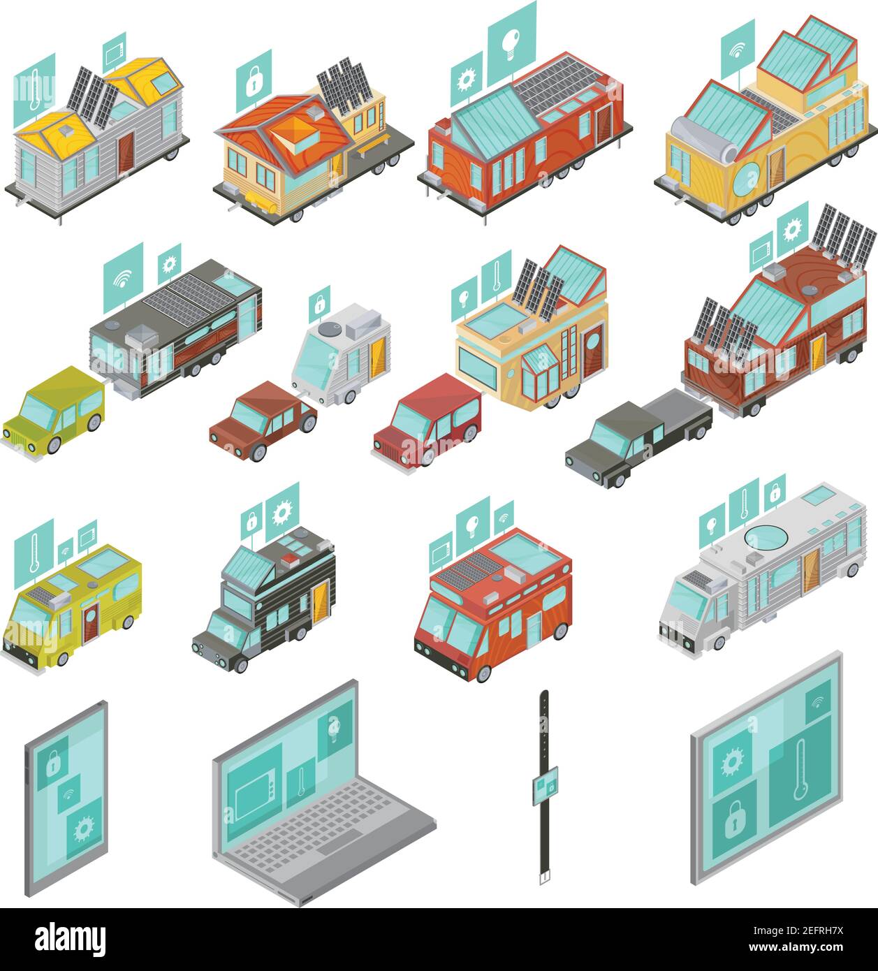 Mobile home set isométrique comprenant des appareils électroniques fourgonnettes et maisons bandes-annonces avec icônes de technologies illustration vectorielle isolée Illustration de Vecteur