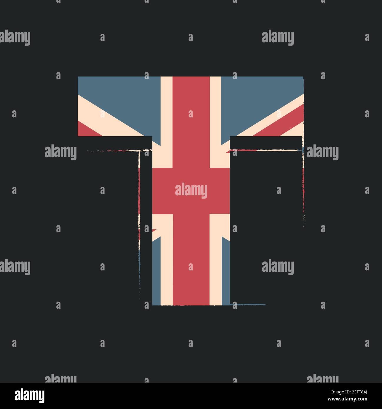 Lettre T majuscule 3d avec texture drapeau britannique isolée sur fond noir. Illustration vectorielle. Élément pour la conception. Alphabet pour enfants. Illustration de Vecteur