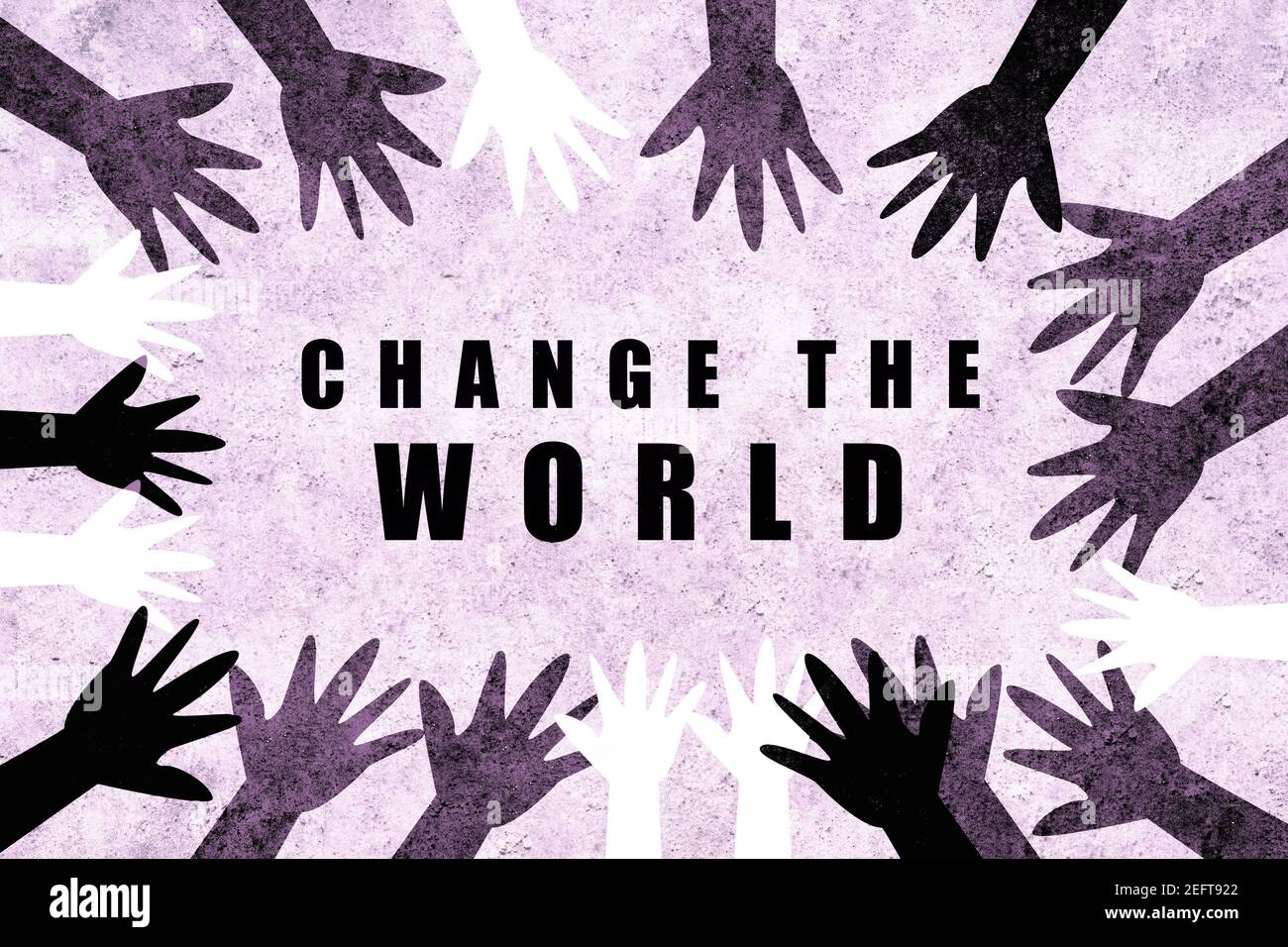 Changez le monde. Le design multiculturel avec des mains de différentes couleurs et cultures du monde unis ensemble dans la Journée internationale de la femme demandant FO Banque D'Images