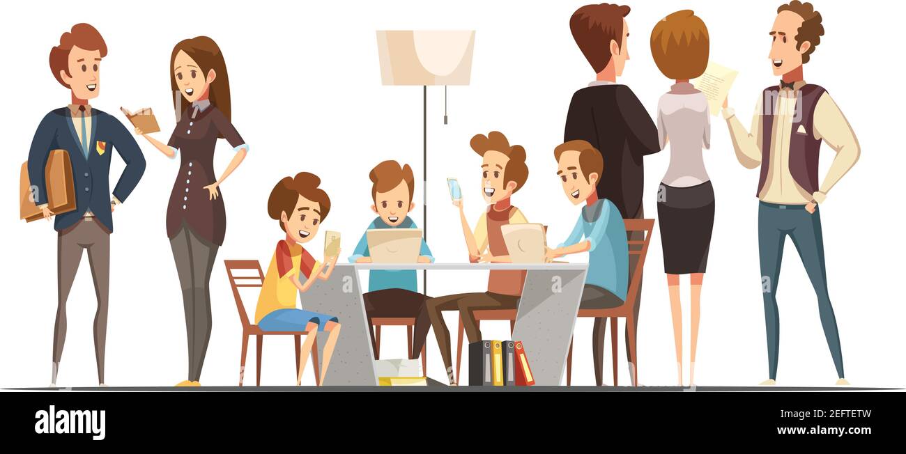 Adolescents assis avec des ordinateurs portables et des smartphones dans l'enseignement illustration vectorielle de l'affiche du media center Illustration de Vecteur