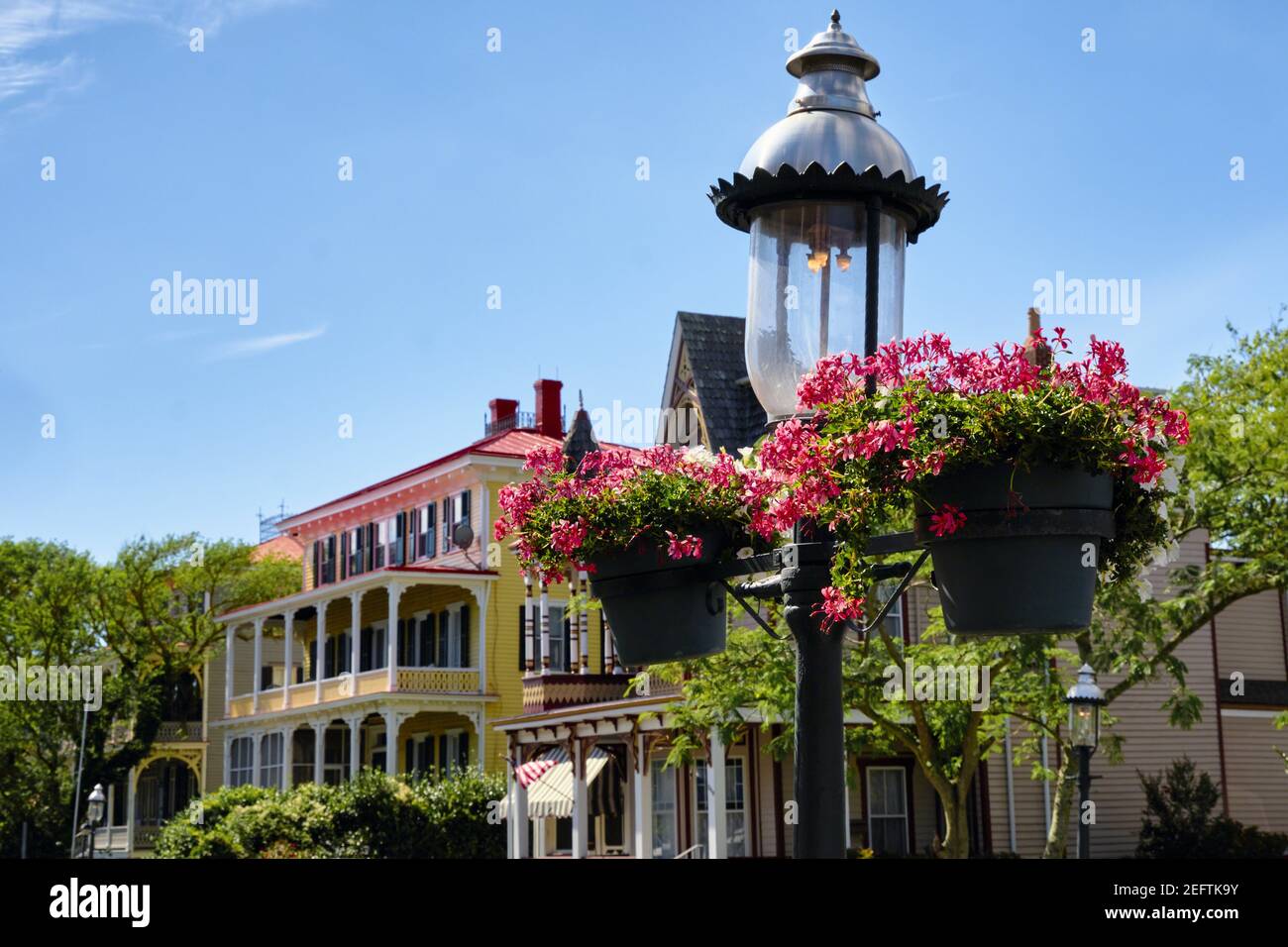 Lampe à gaz avec fleurs rouges en pot sur une rue, Cape May, New Jersey, États-Unis Banque D'Images