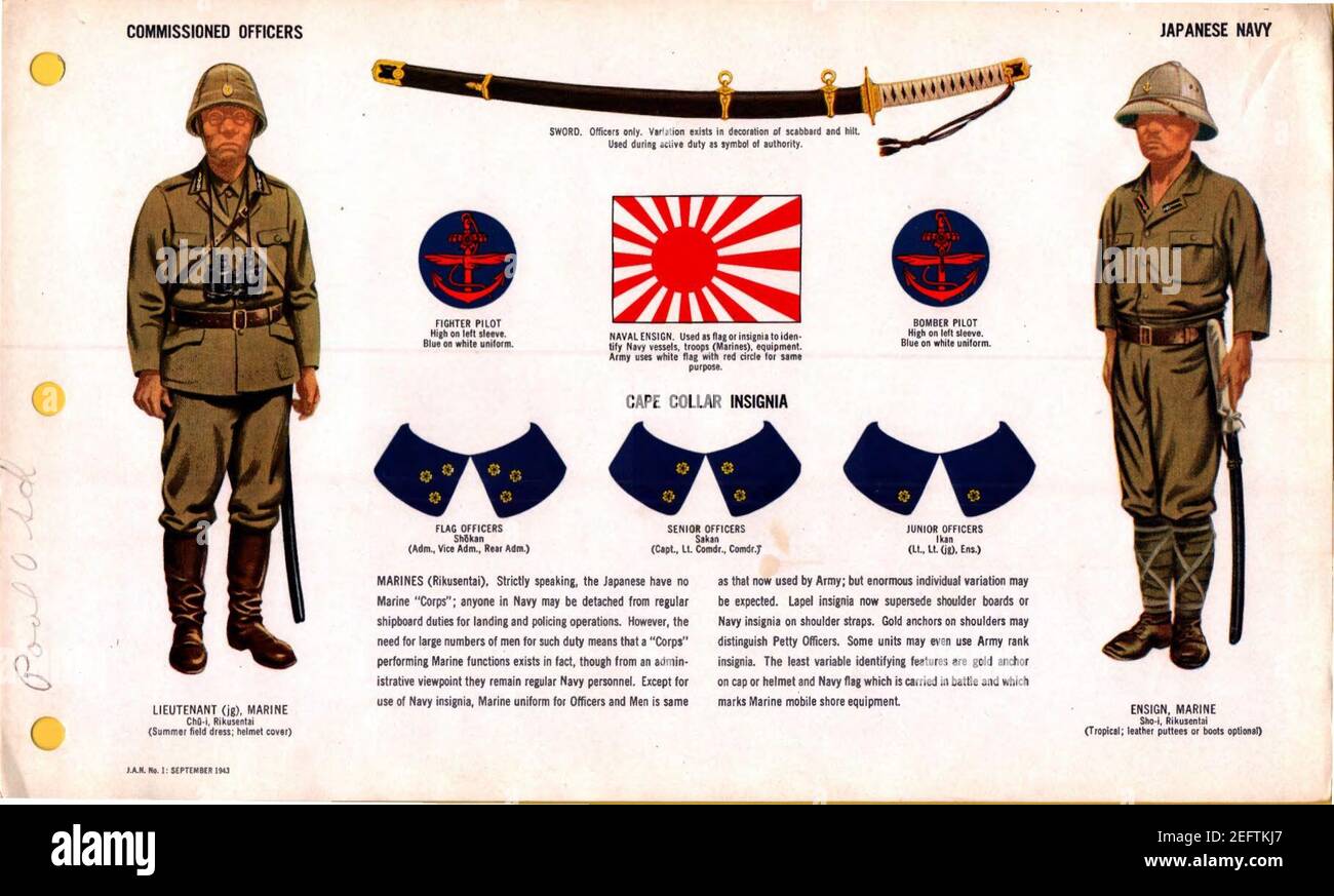 ONI JAN 1 uniformes et insignes page 072 officiers commissionnés de la Seconde Guerre mondiale de la marine japonaise. Robe de campagne d'été, housse de casque, épée d'officier, marine, puttés en cuir tropical, insigne naval cape collar. Sept 1943 reconnaissance sur le terrain. Pas de kn. Banque D'Images