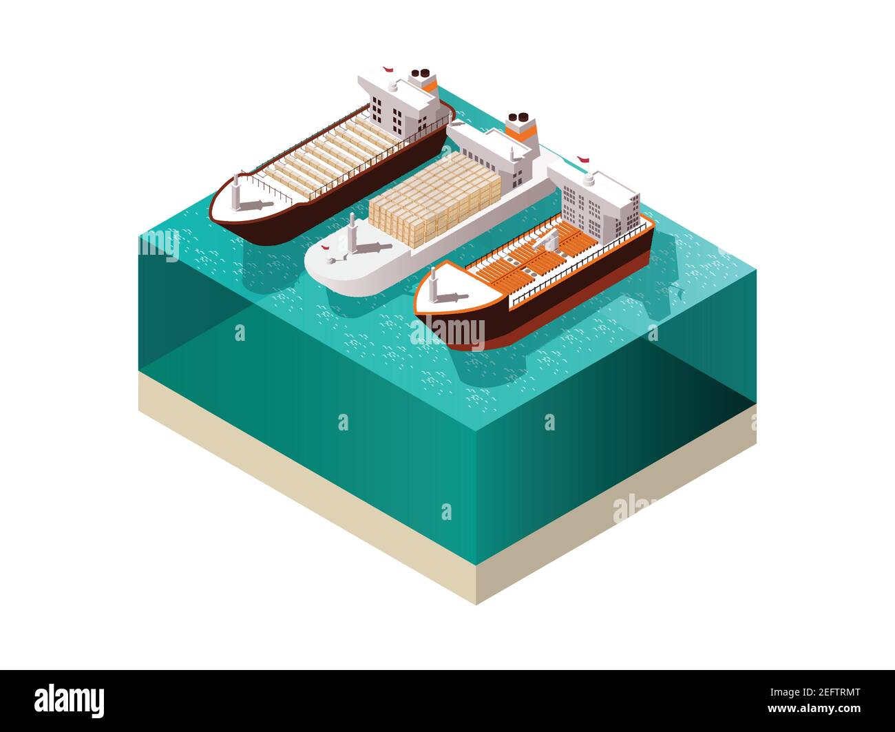 Navires ensemble isométrique avec trois navires de cargaison lourdement chargés avec des ombres sur l'illustration du vecteur de surface de l'eau de mer Illustration de Vecteur