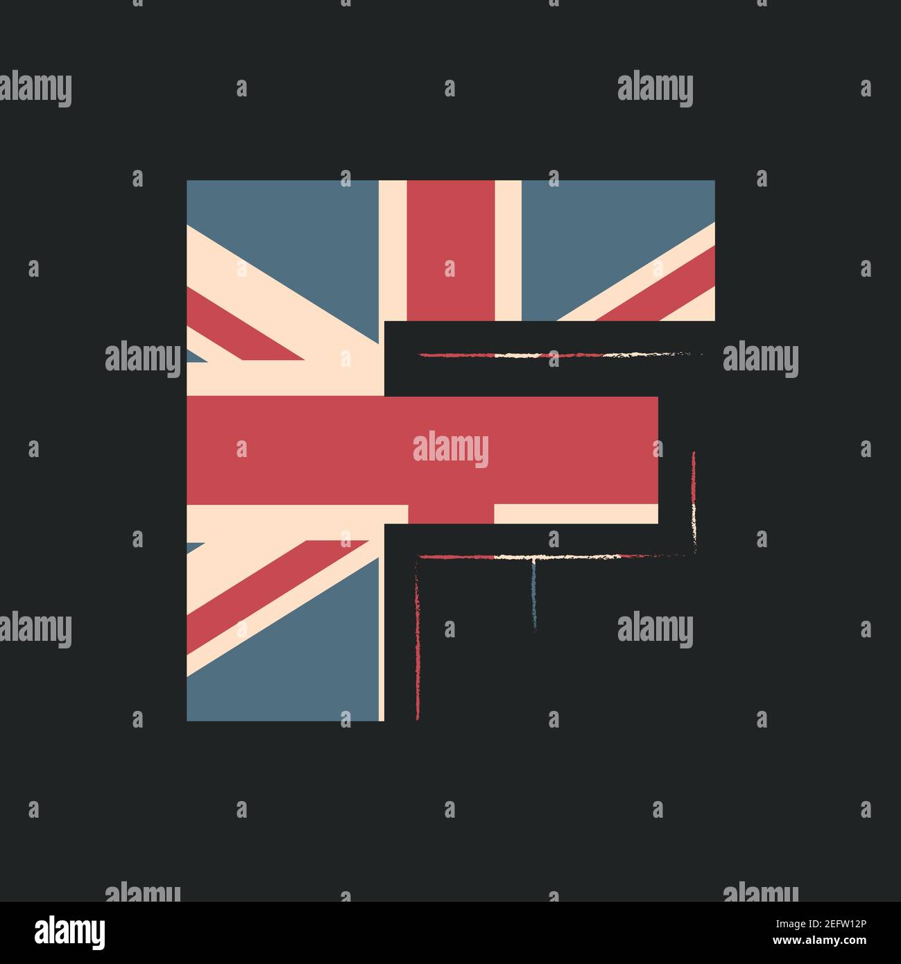 Lettre 3D majuscule F avec texture drapeau britannique isolée sur fond noir. Illustration vectorielle. Élément pour la conception. Alphabet pour enfants. Illustration de Vecteur
