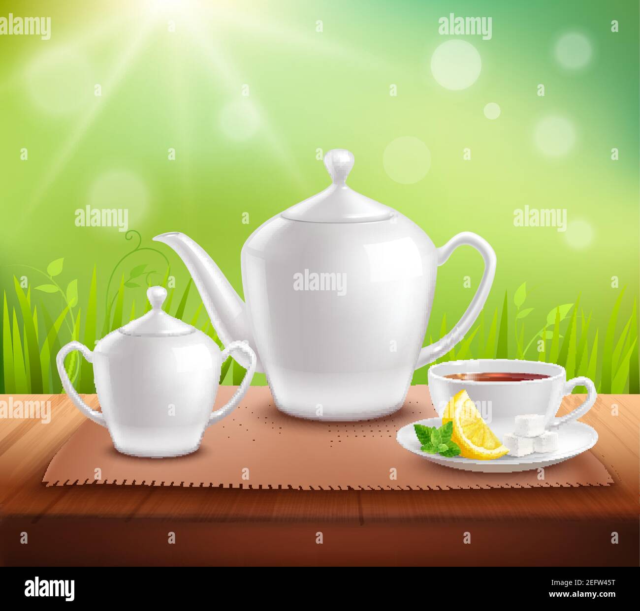 Éléments de composition de service de thé avec la théière et le bol à sucre illustration du vecteur de la cuvette sur table en bois Illustration de Vecteur