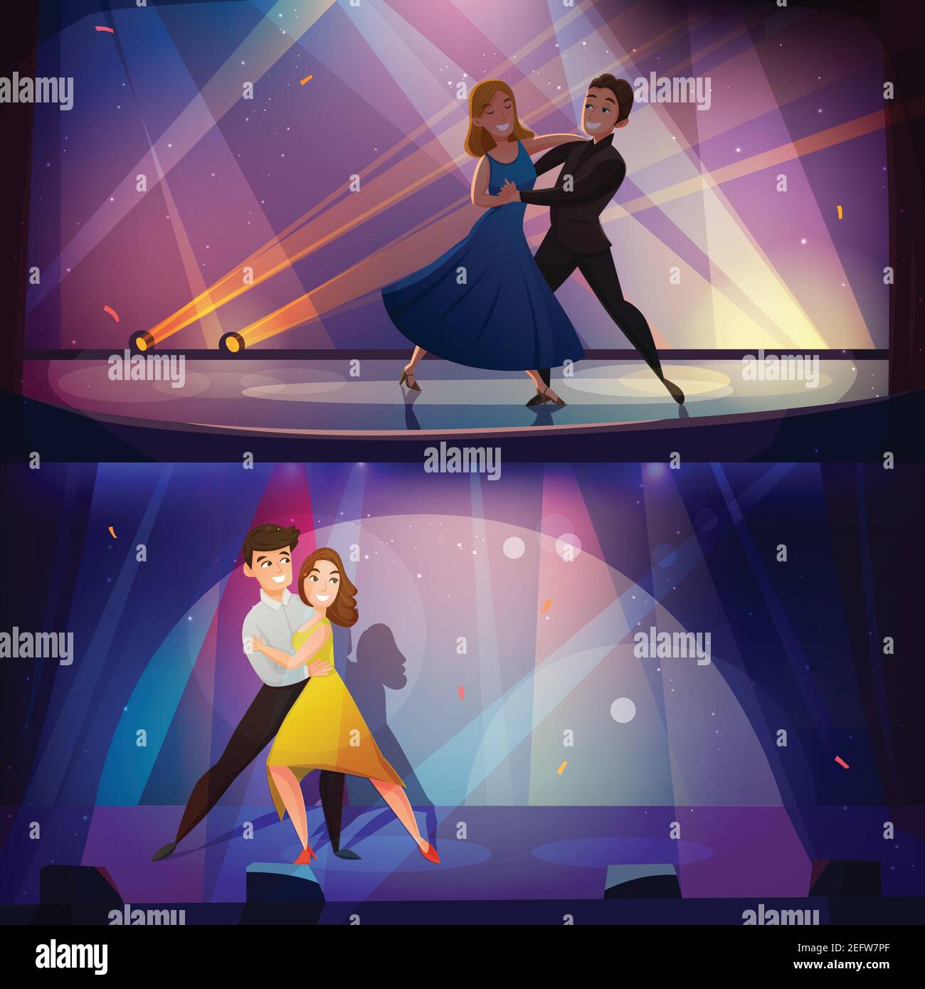 Dancing paire sur scène 2 bannières de dessin animé rétro avec des artistes professionnels dans les spots nostalgique affiche isolée illustration vectorielle Illustration de Vecteur
