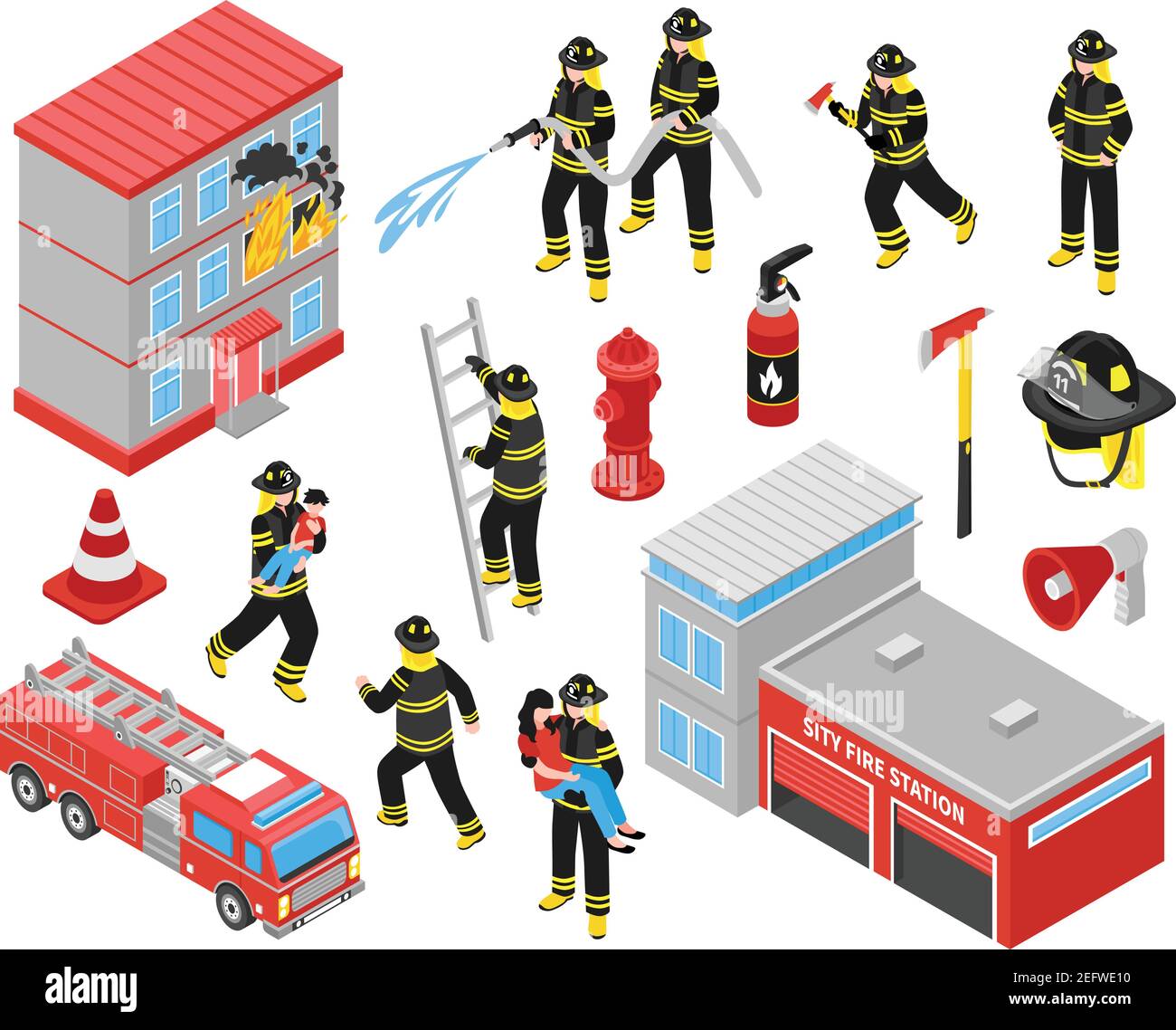 Icônes isométriques du service des incendies définies avec les pompiers engagés dans l'extinction de brûler la construction et de sauver des personnes illustration de vecteur Illustration de Vecteur